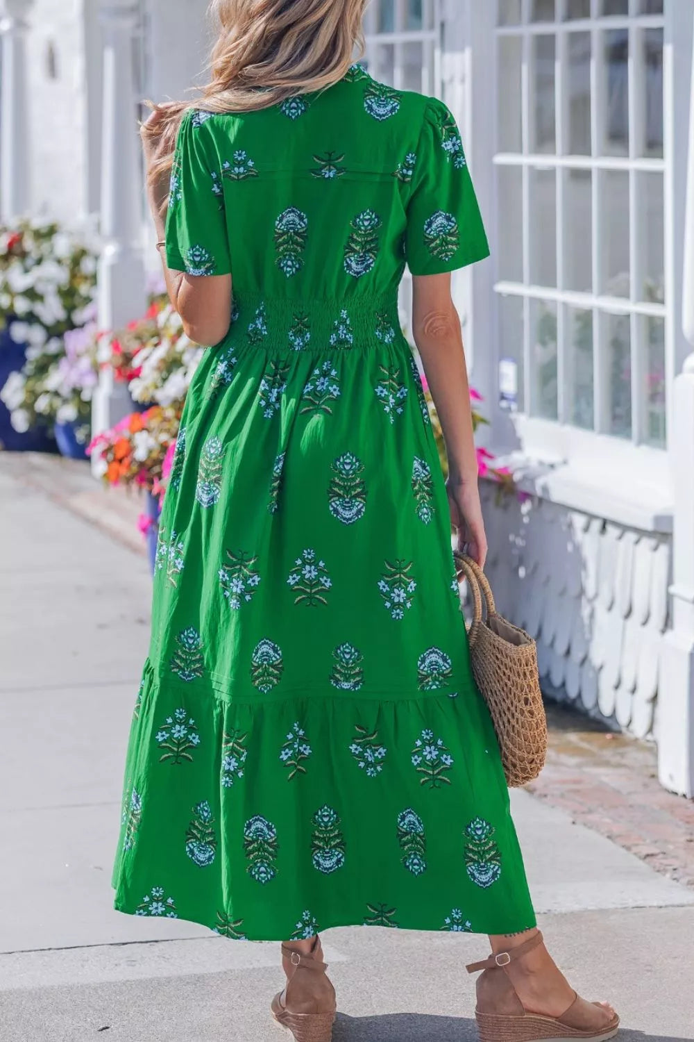 Floral Print Smocked Waist Maxi Dress