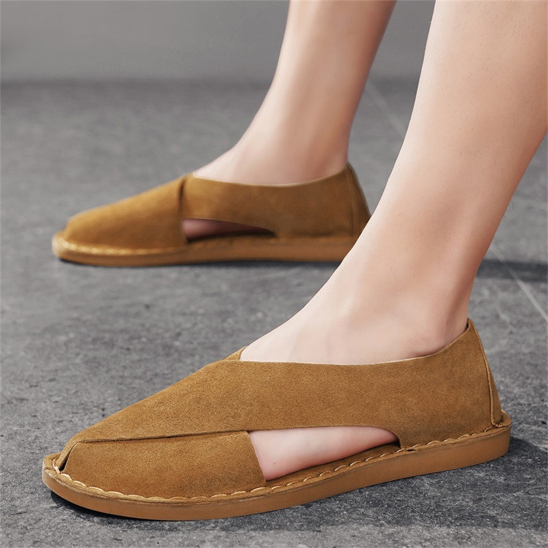 Plus-size Leather Slip-on Outdoor Casual Hollow-out Sandals