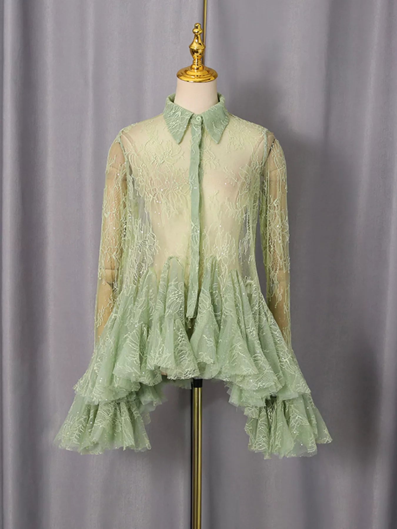 Ruffled Hem Lace Long Sleeve Dress