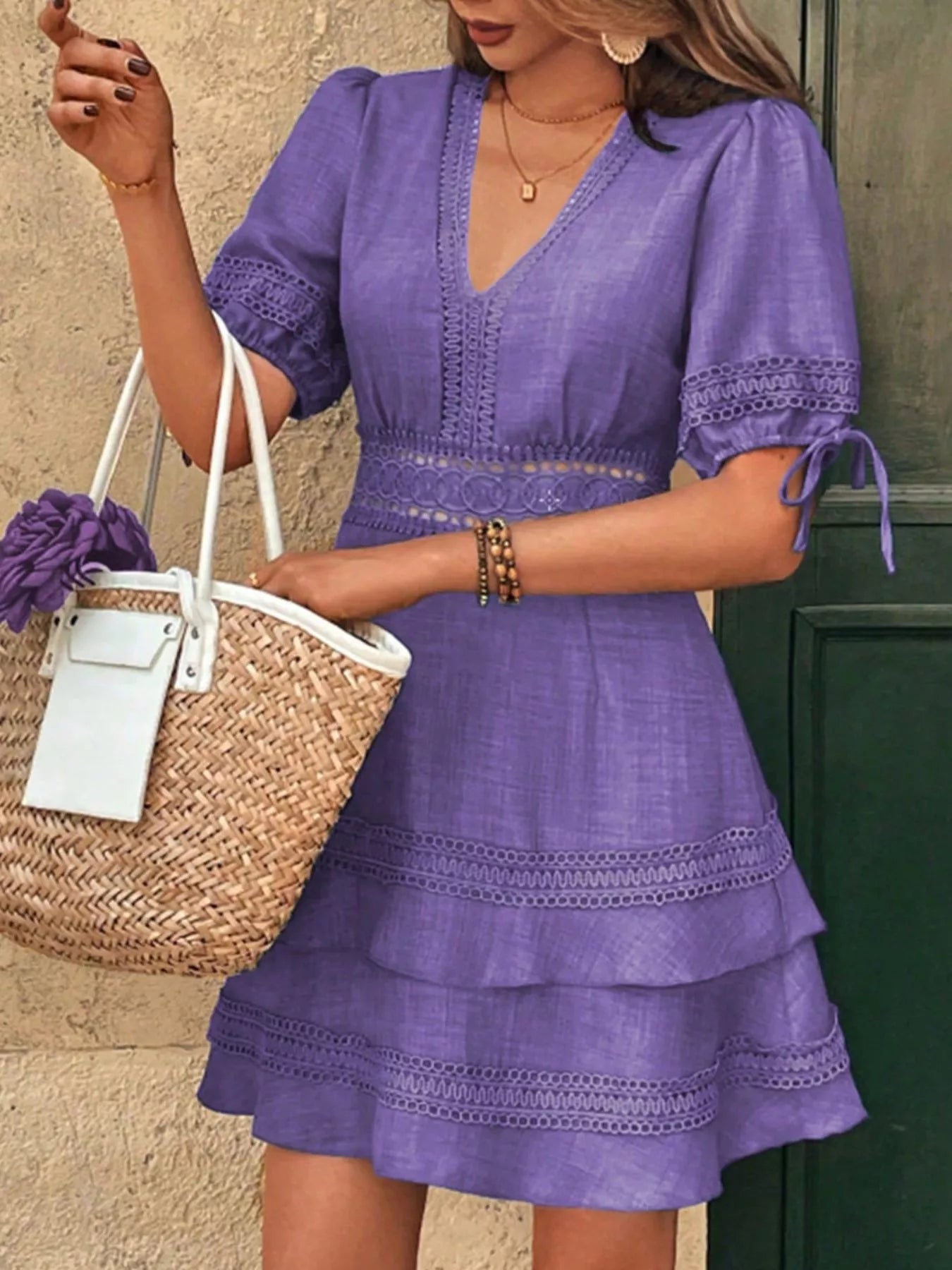 Lace Detail V-Neck Mini Dress
