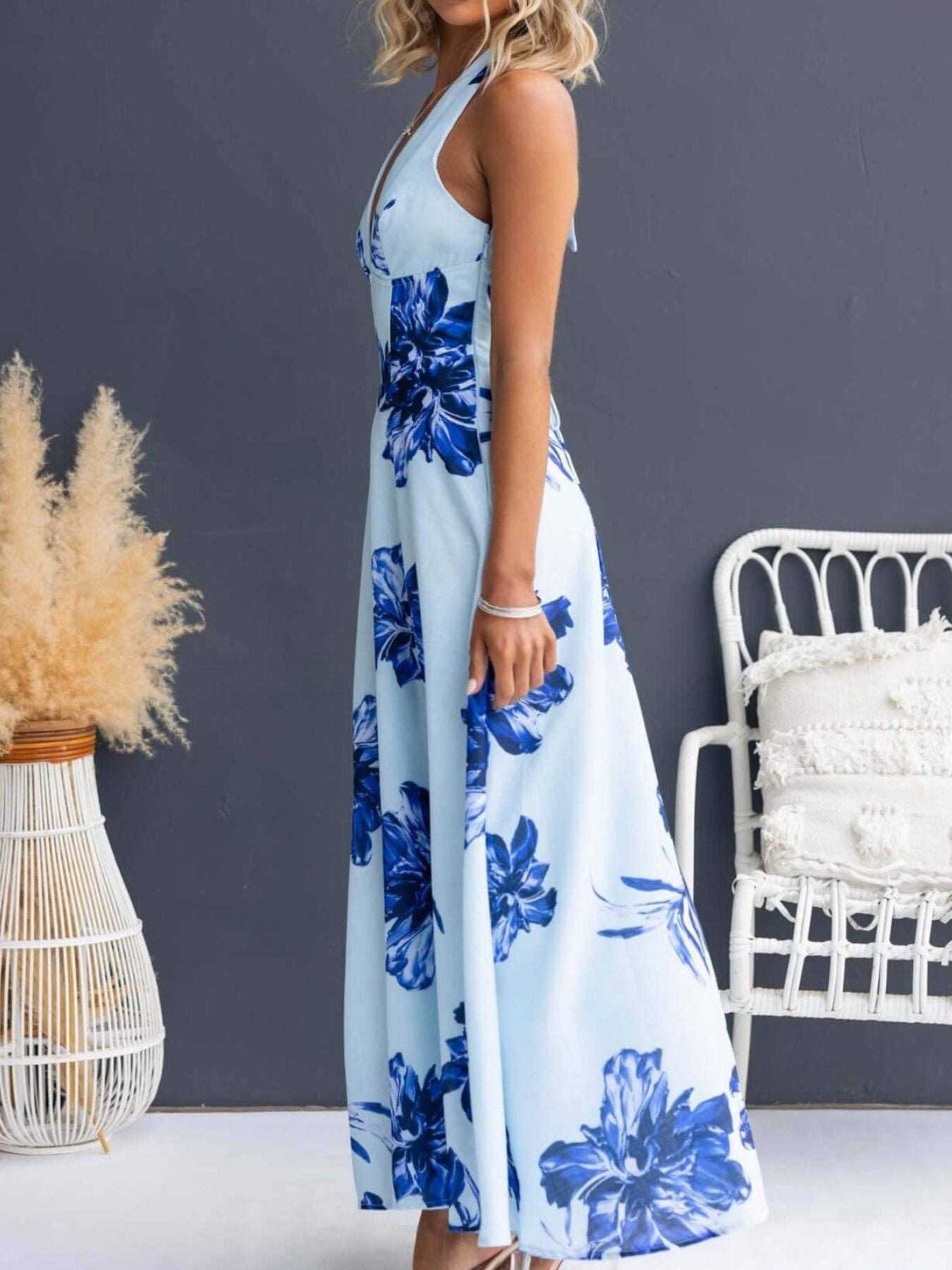 Floral Print Halter Neck Maxi Dress