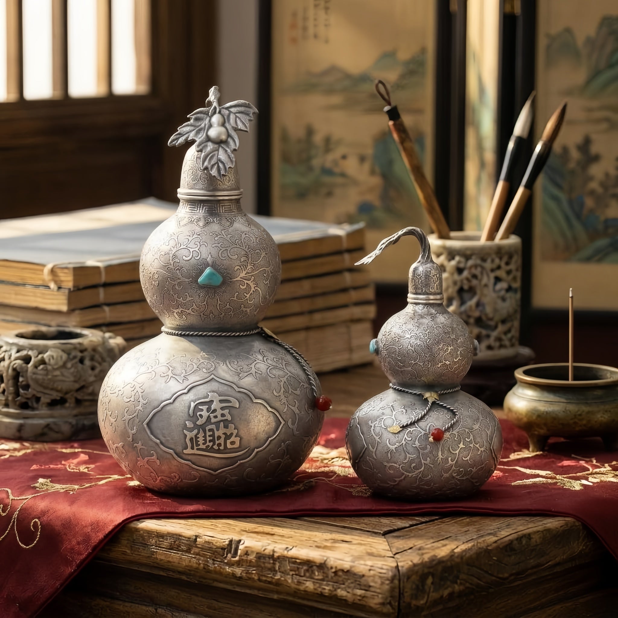 Pure 999 Fine Silver Ornate Silver-Tone Gourd Containers with Turquoise and Traditional Chinese Prosperity Engravings - Handicraft