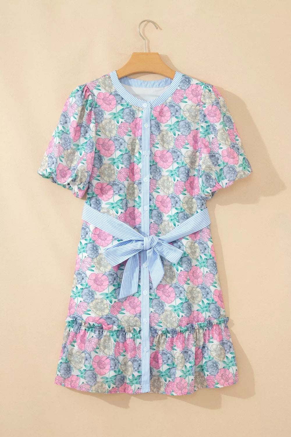 Floral Print Striped Contrast Trim Belted Short Dress