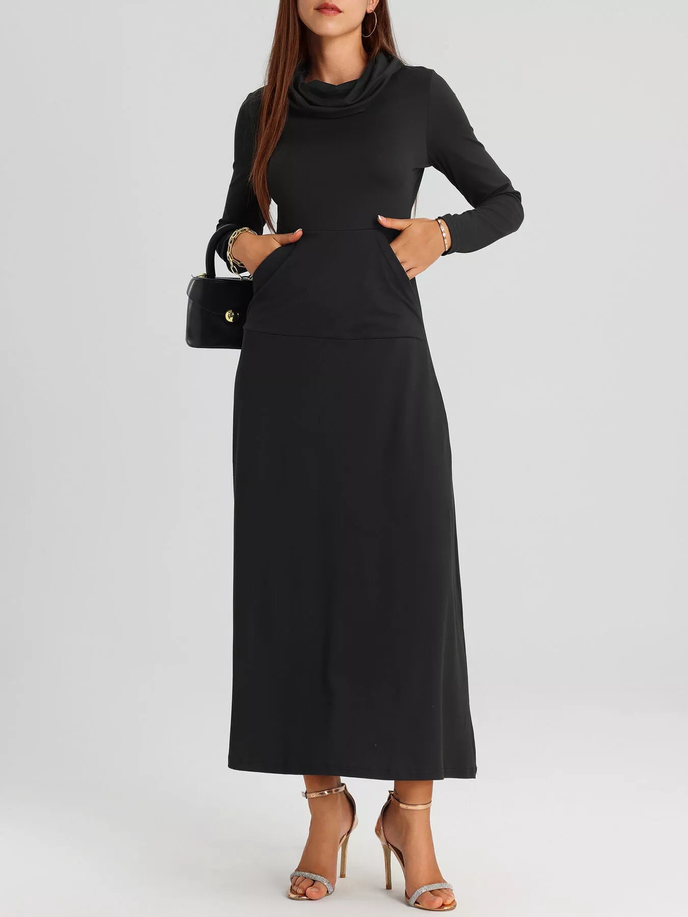 Cowl Neck Long Sleeve Midi Dress