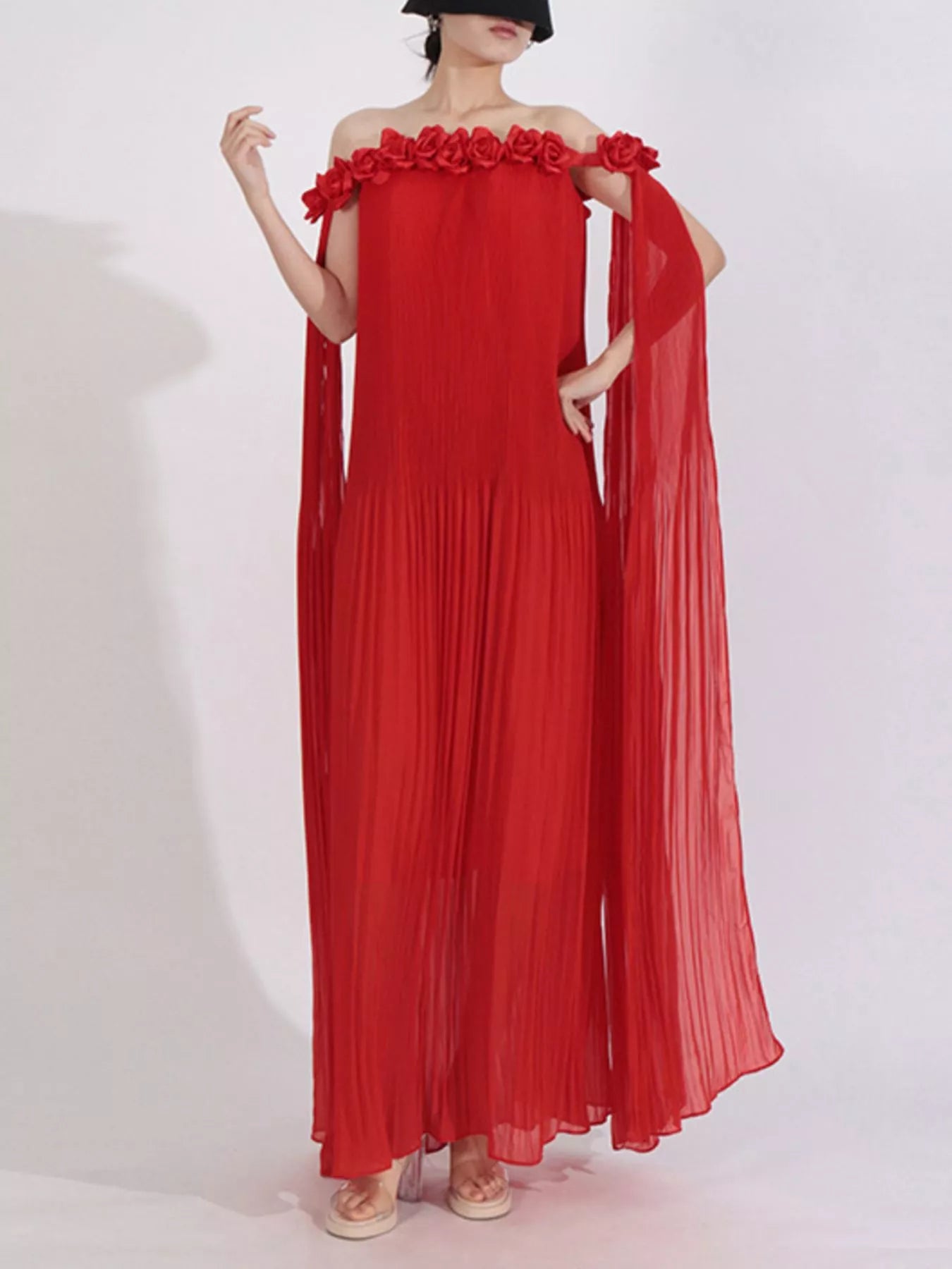 Off-Shoulder Floral Pleated Maxi Dress