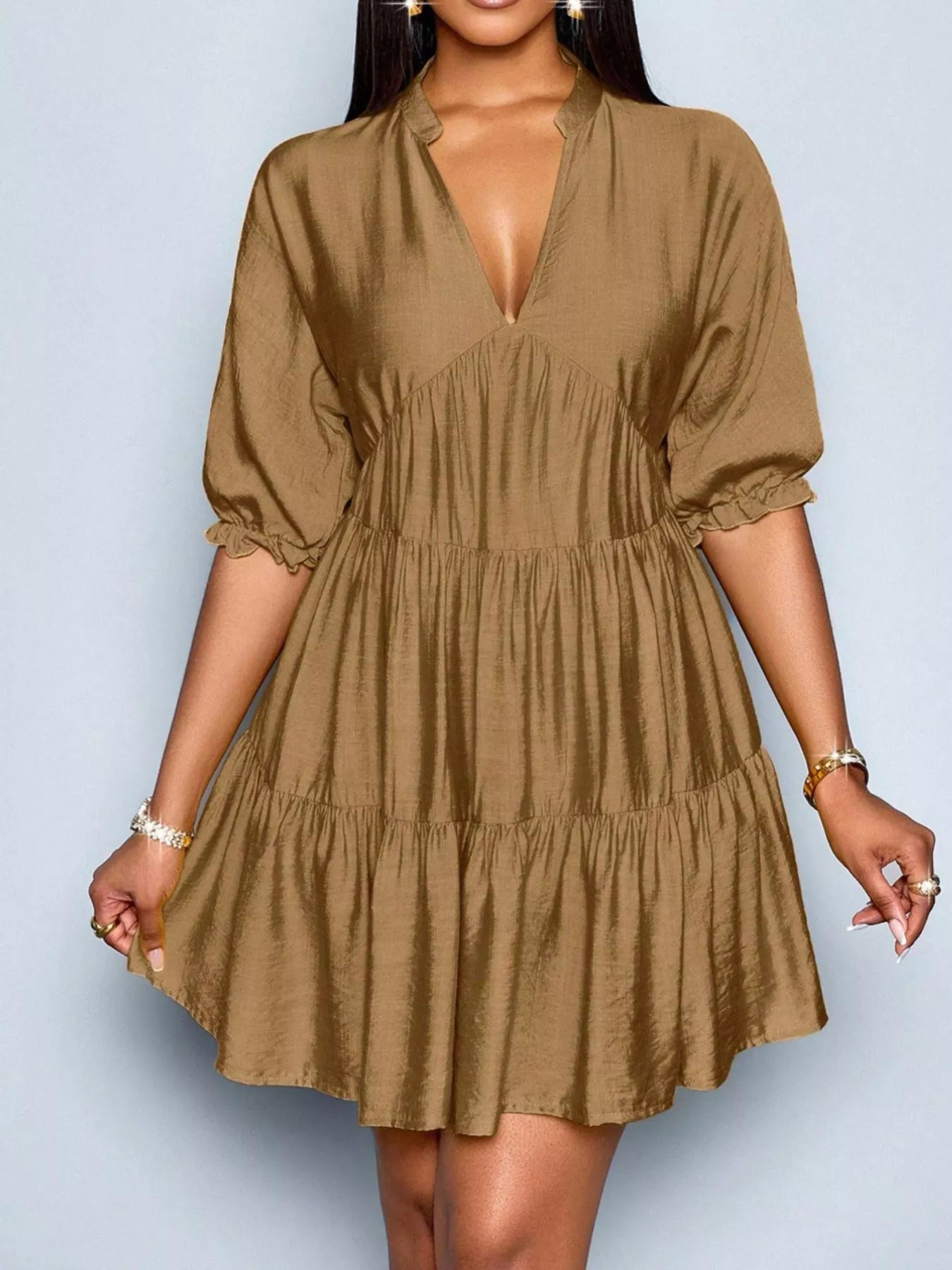 Notched Half Sleeve Tiered Dress