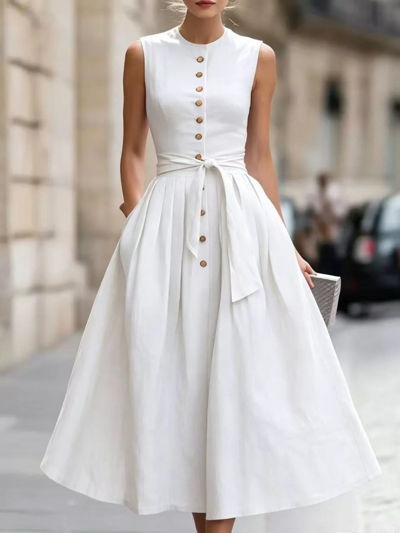 Full Size Sleeveless Button-Front Belted Midi Dress Plus Size