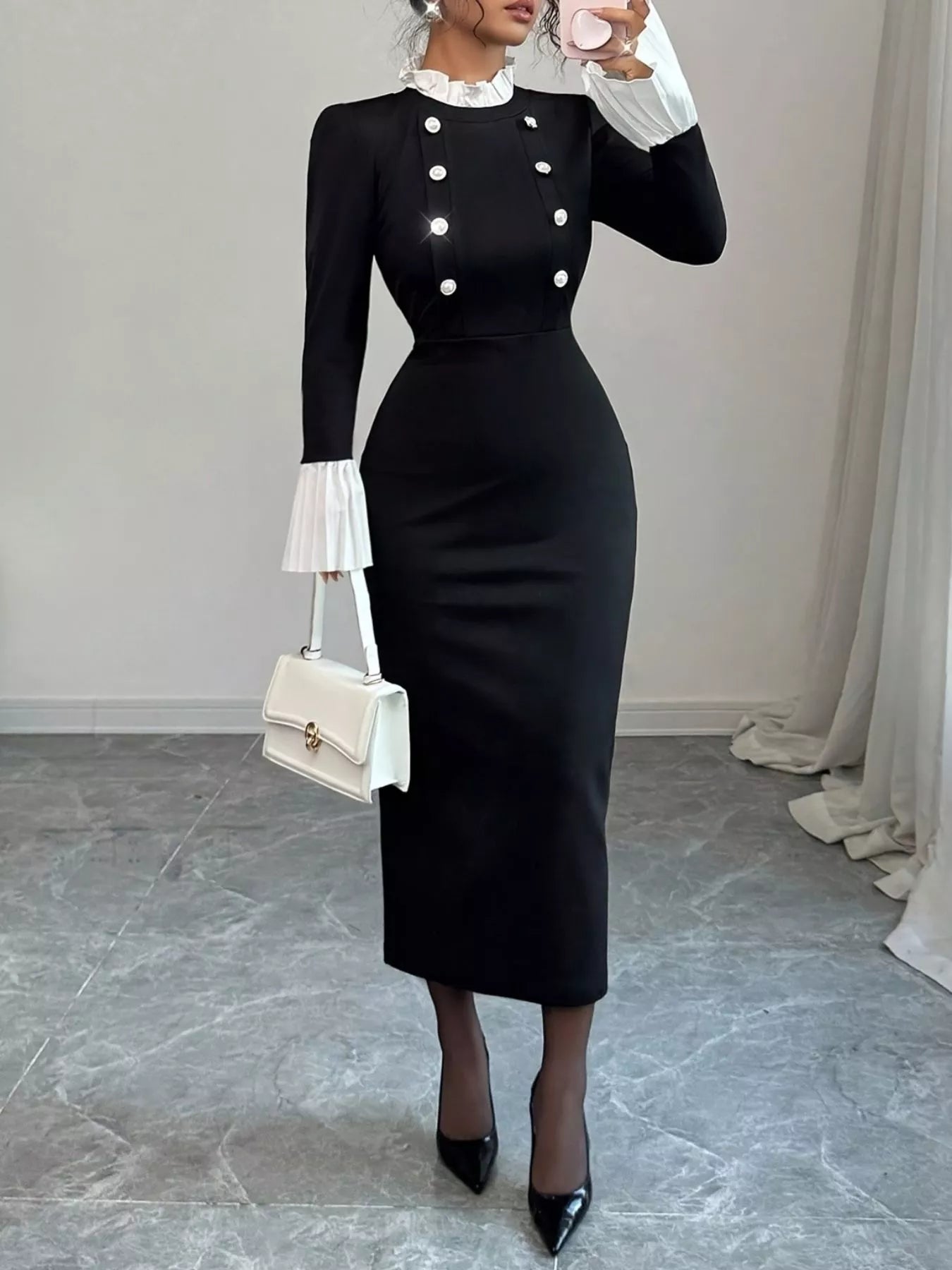 Two Tone Long Sleeve Midi Dress