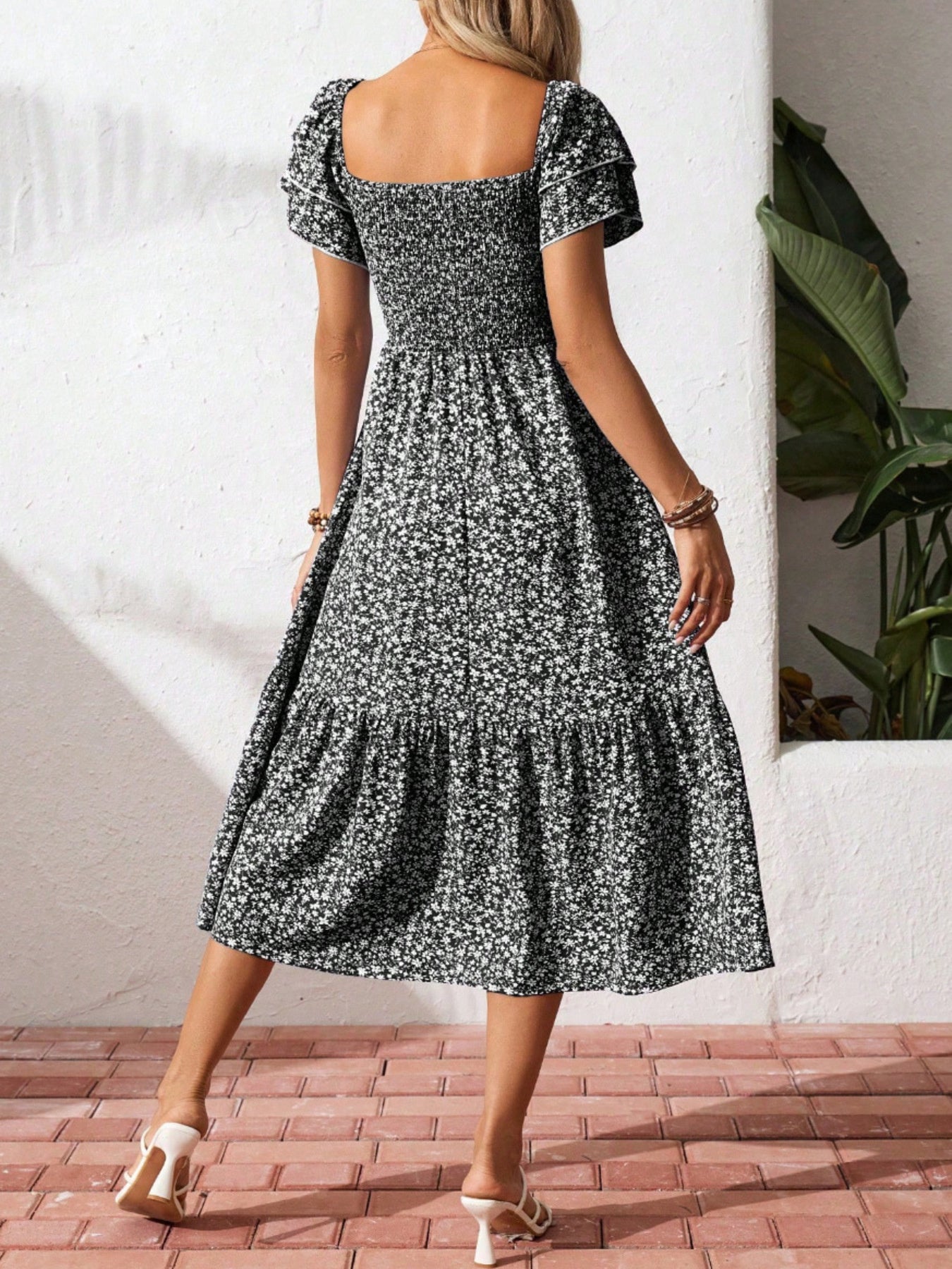 Floral Print Smocked Ruffle Sleeves Dress