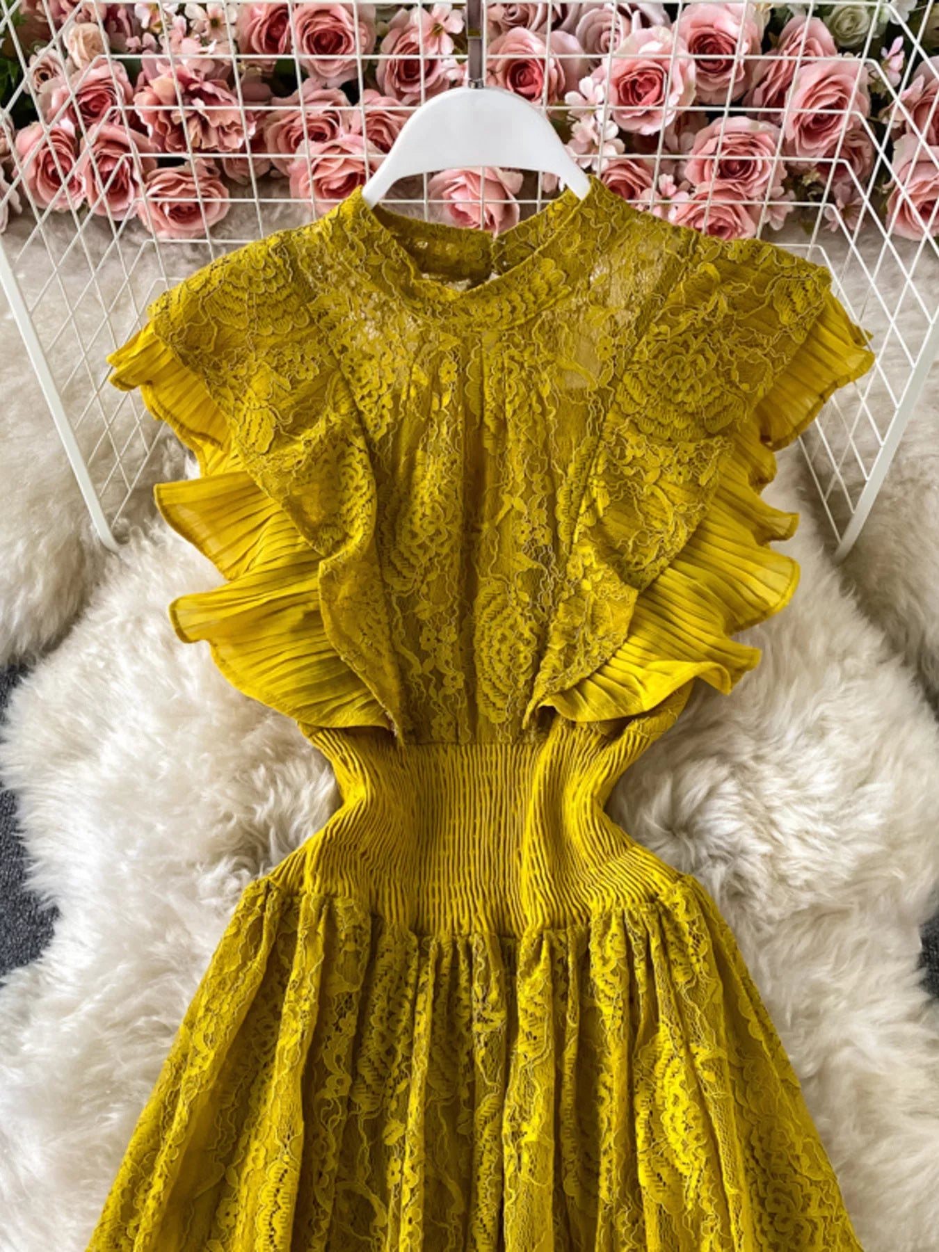 Ruffled Mock Neck Lace Maxi Dress