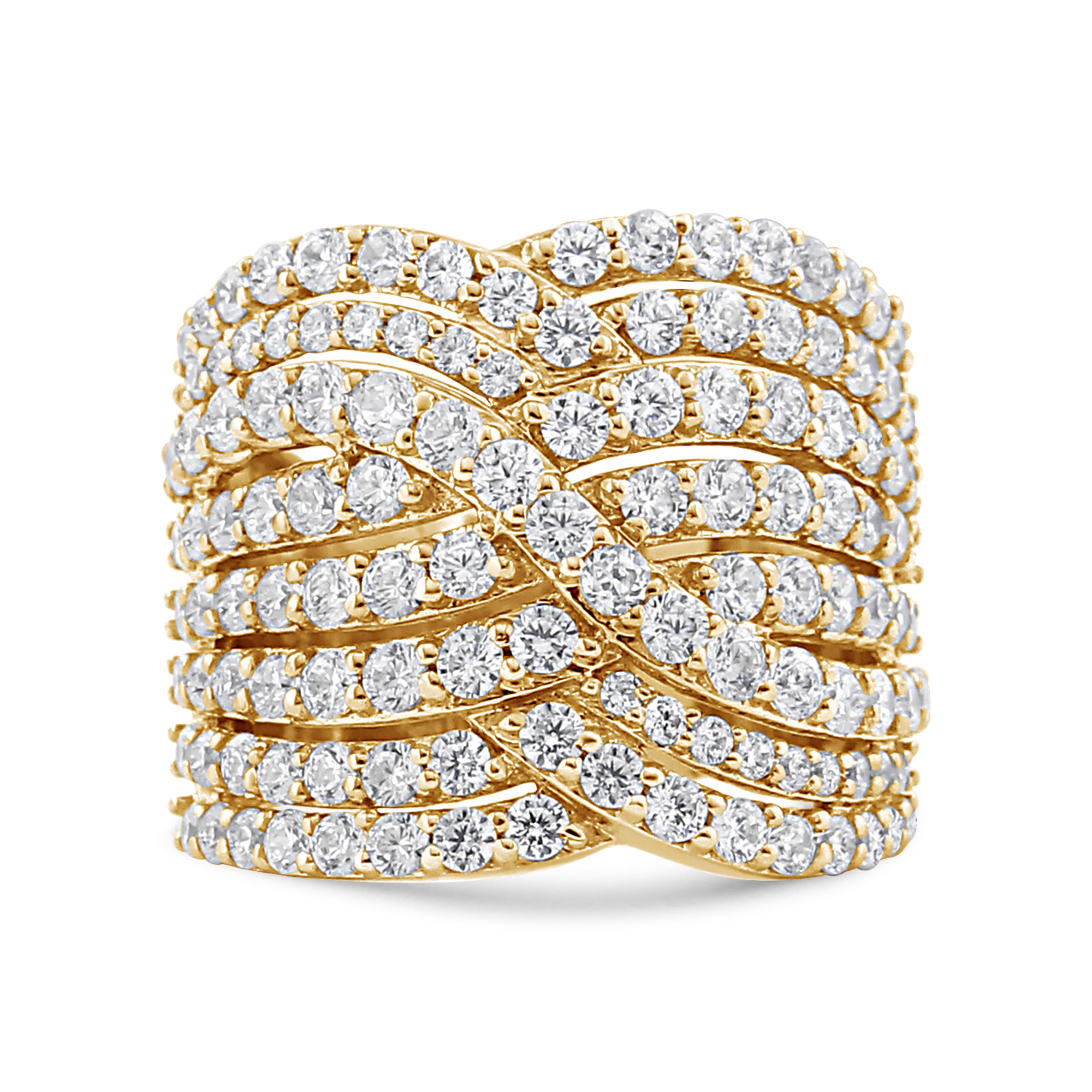 10K Yellow Gold 3.0 Cttw Diamond Eight-Row Bypass Crossover Statement Band Ring (H-I Color, I2-I3 Clarity) - Size 7