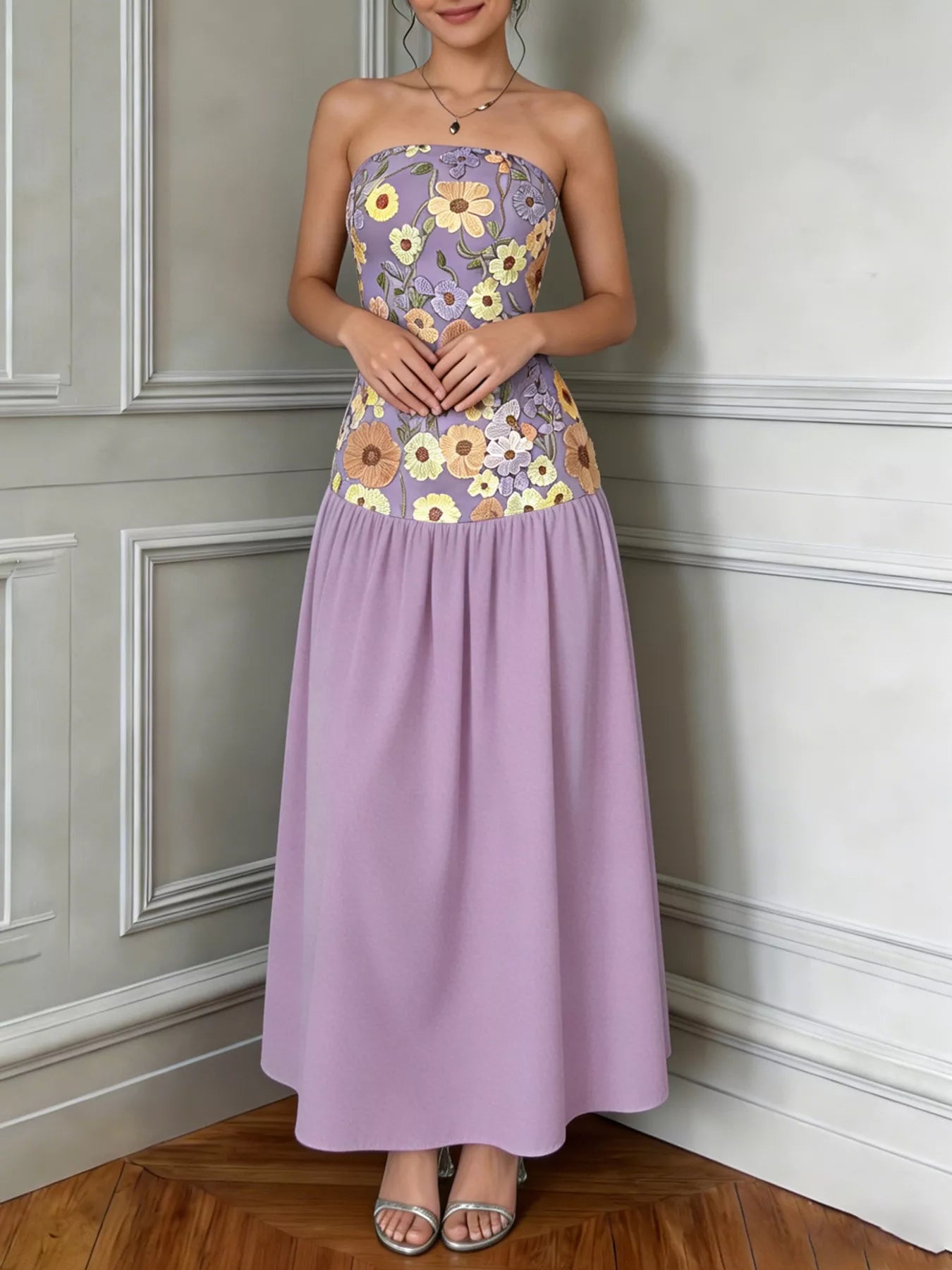 Floral Embroidered Tube Maxi Dress