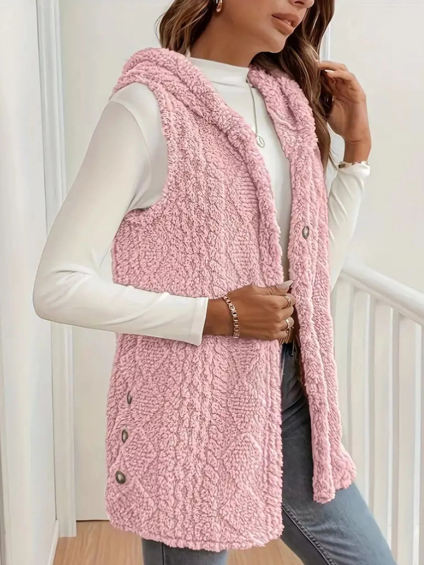 Hooded Button-Up Sherpa Vest Coat