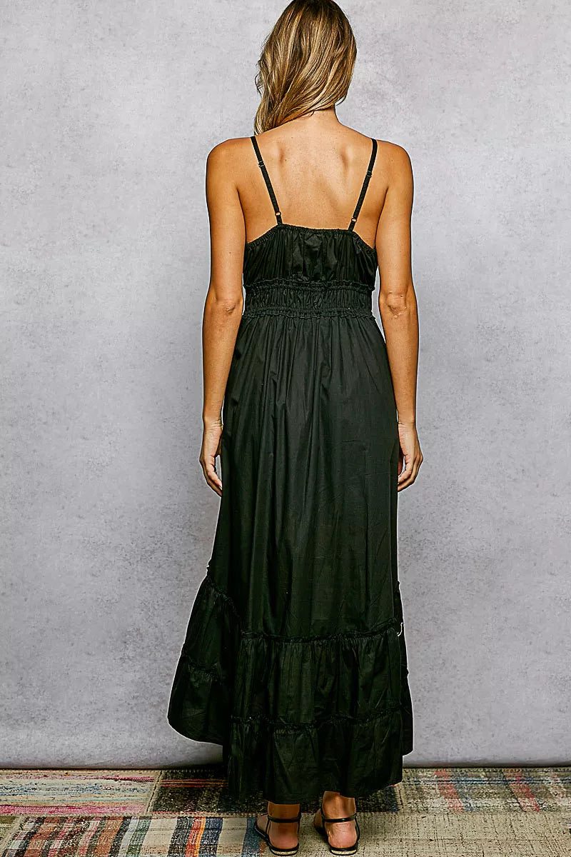 POL Embroidered Detail Tassel Tie Smocked Waist Midi Tiered Cami Dress
