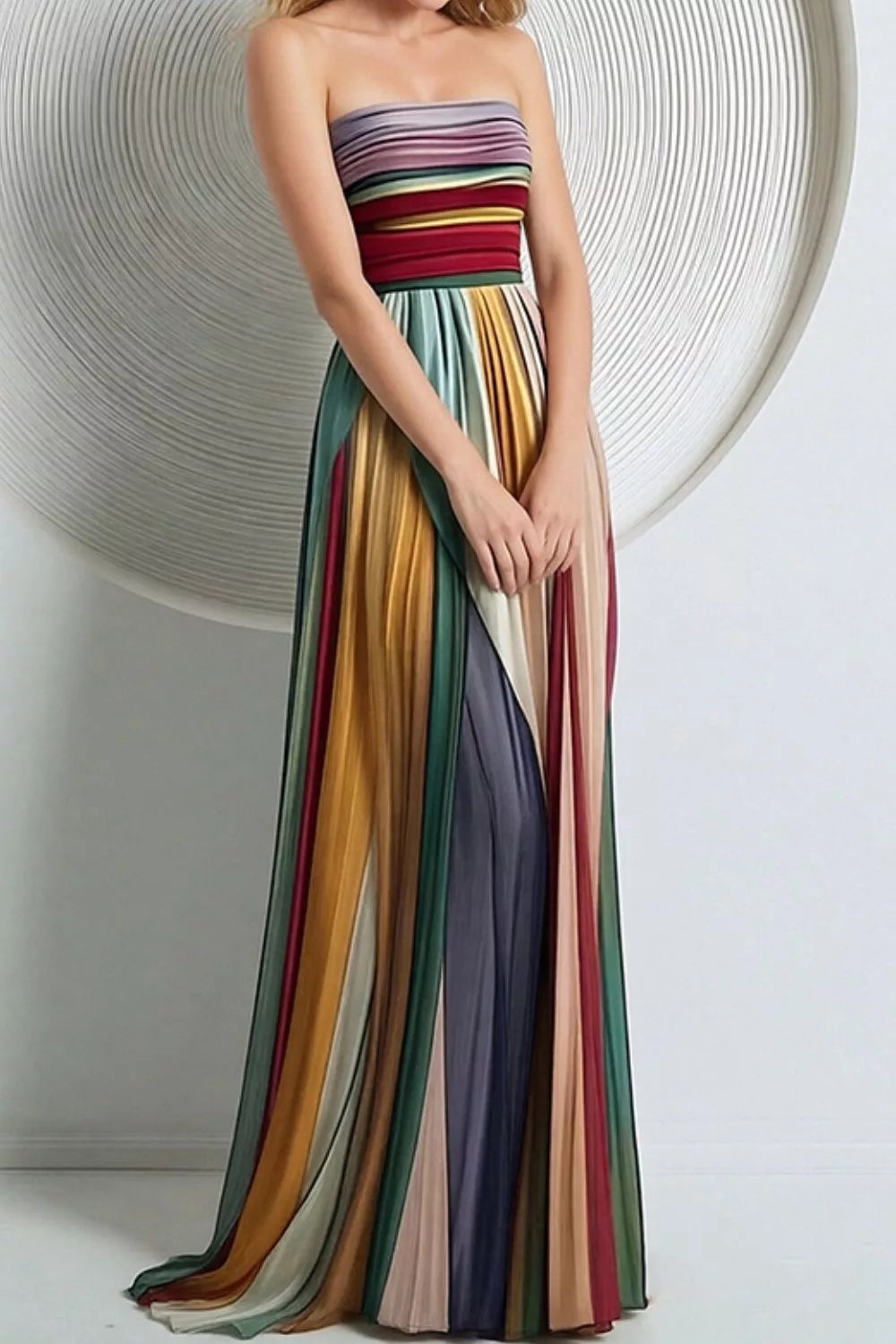 Striped Pleated Strapless Maxi Dress