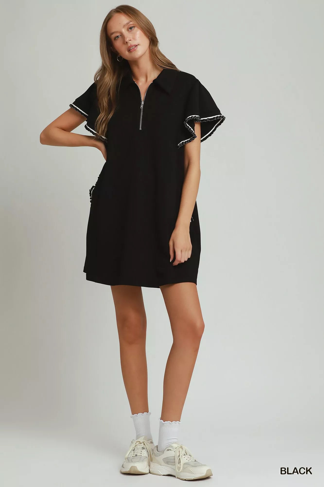Umgee Half Zip Ruffle Rib Band Butterfy Sleeve Mini Dress with Pockets
