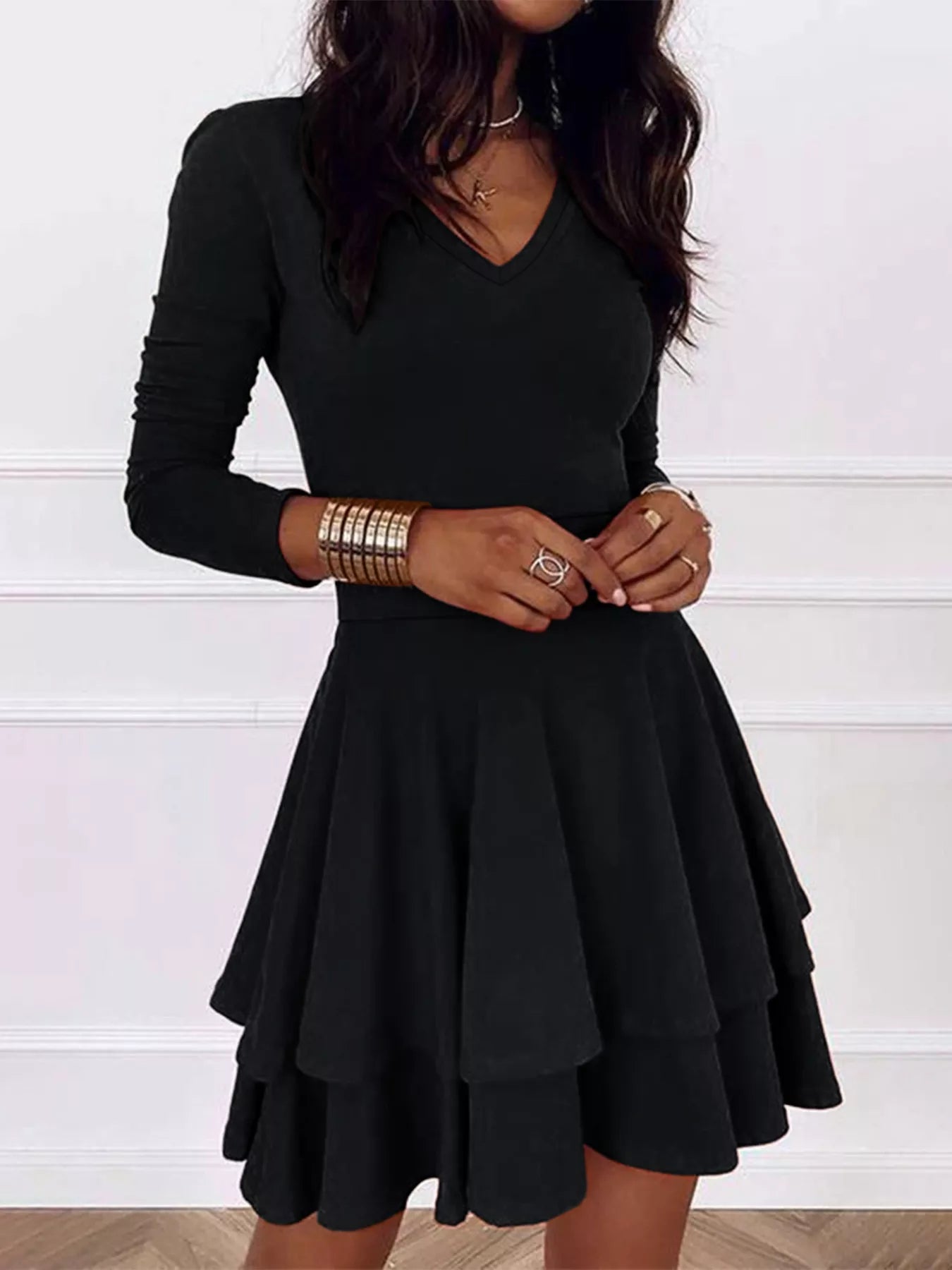 V-Neck Layered Ruffle Mini Dress