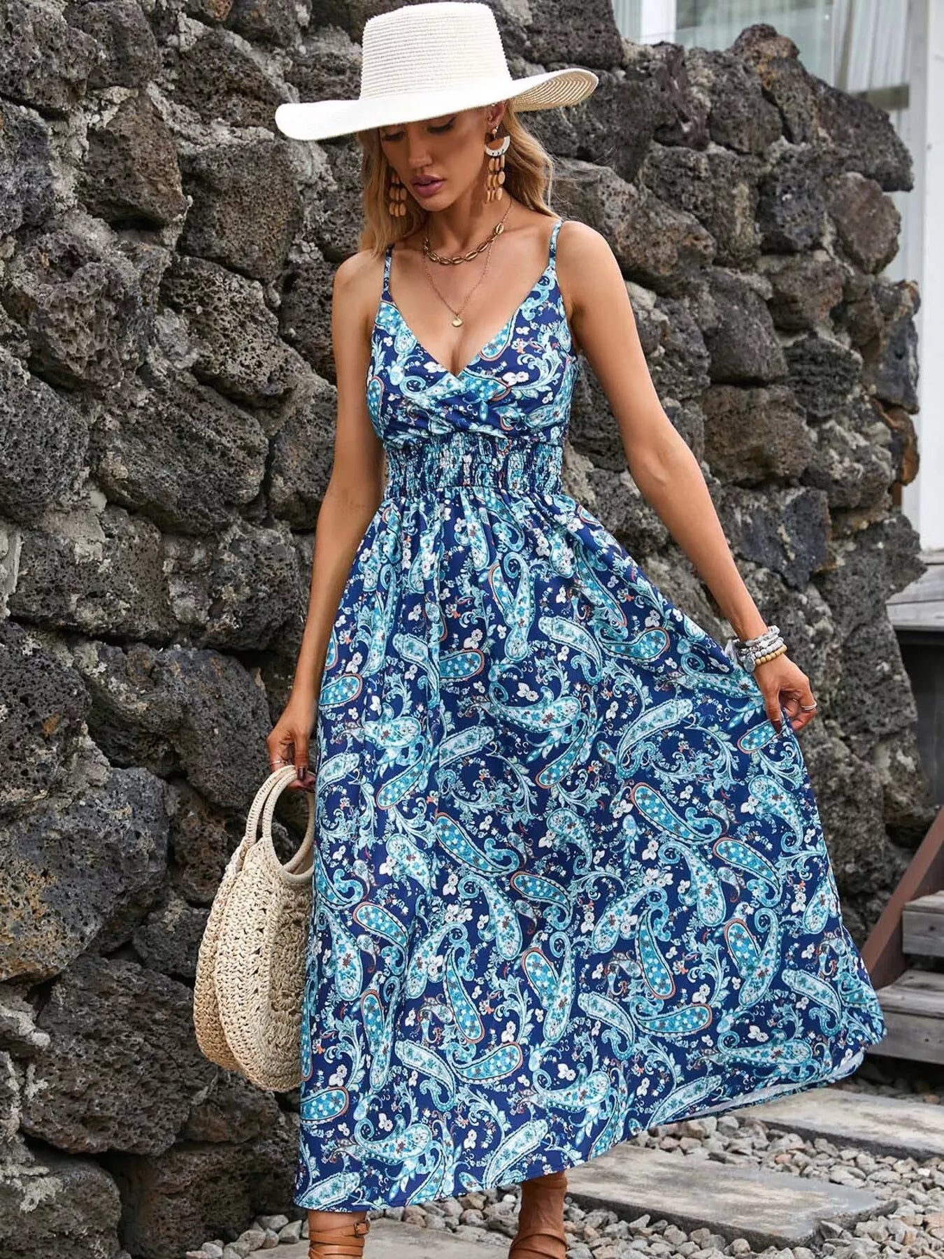 Paisley Print Spaghetti Strap Midi Dress