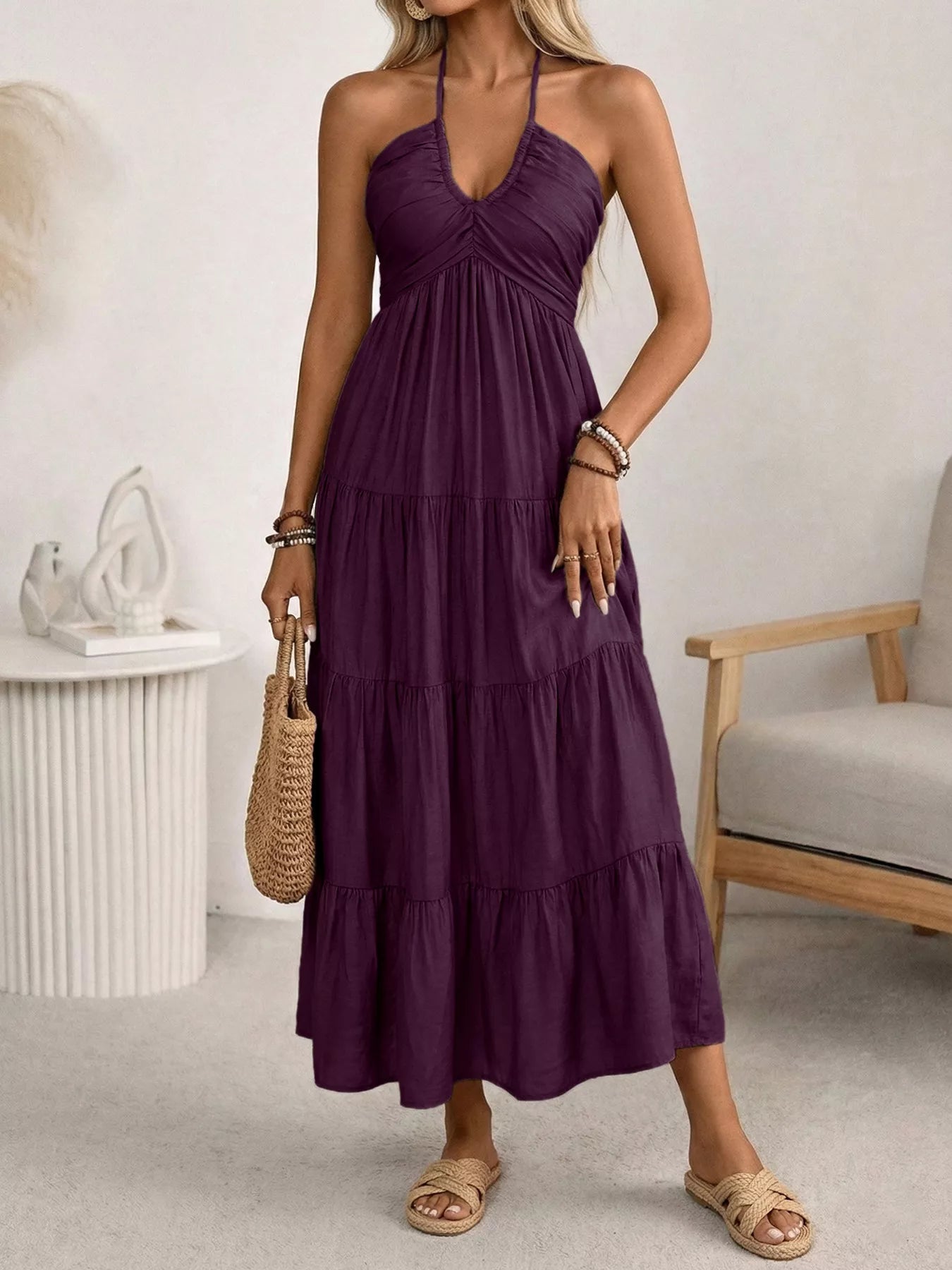 Halter Neck Tiered Midi Dress
