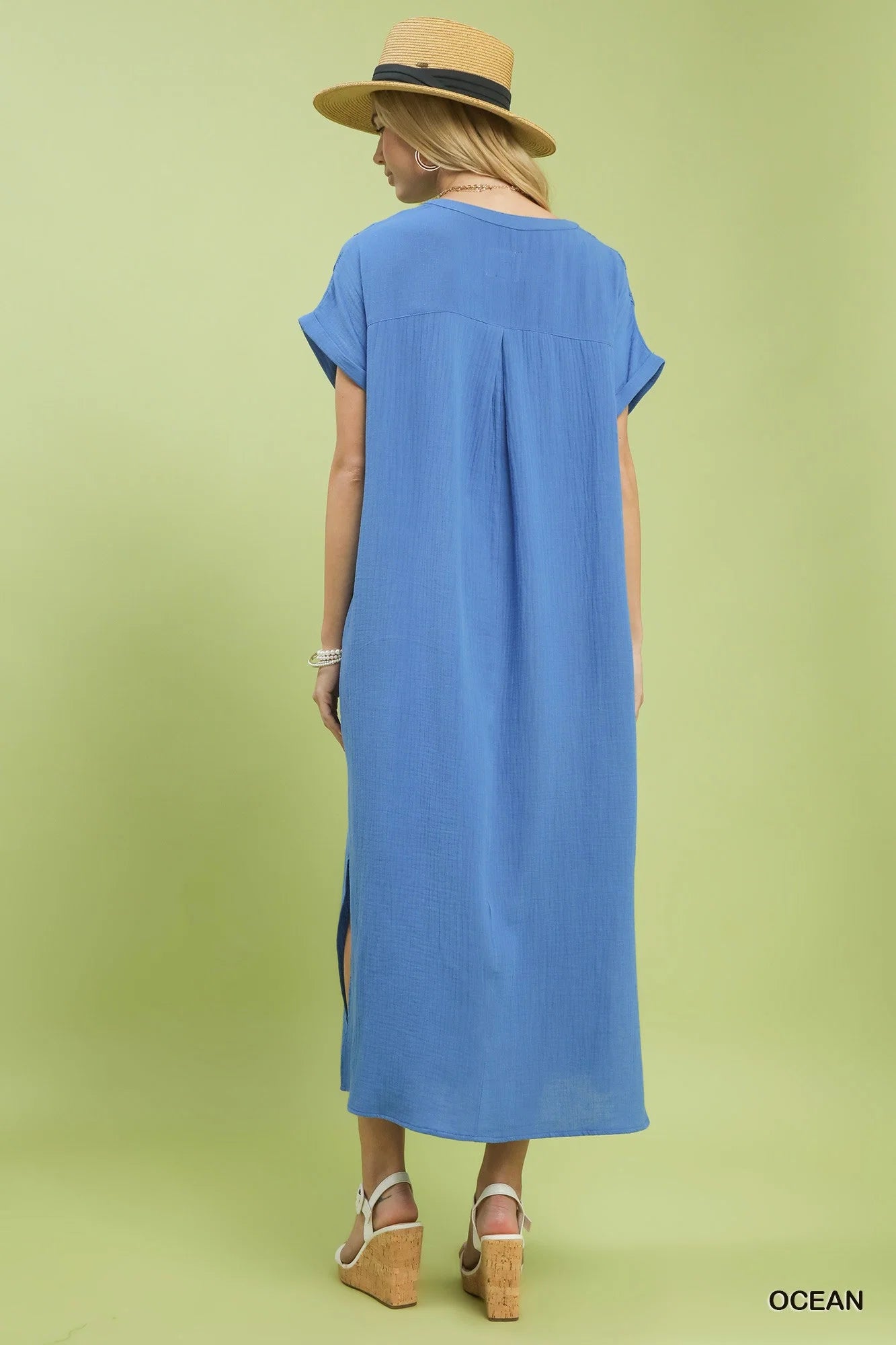 Umgee Button-Front Gauze Midi Dress with Lace Detail
