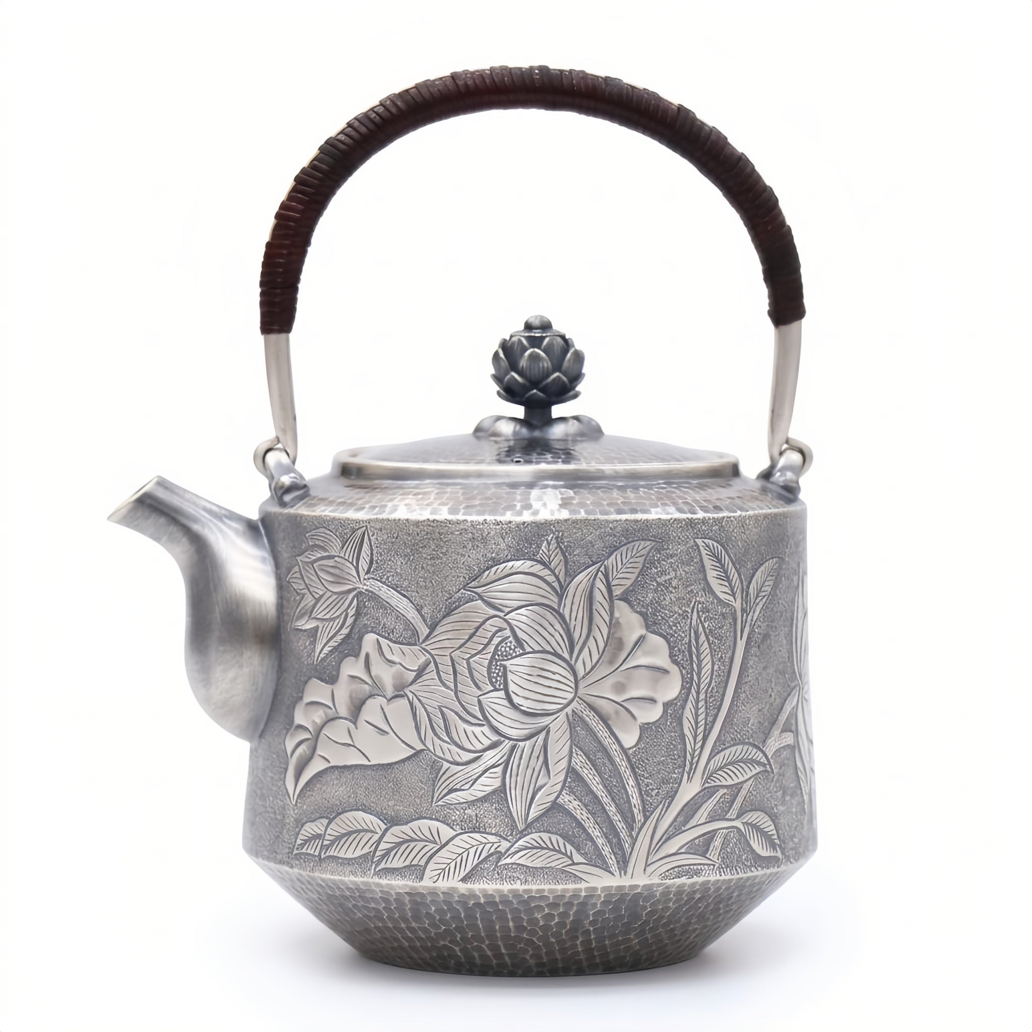 Pure 999 Fine Silver Elegant  Teapot with Handcrafted Floral Engraving, Hammered Texture, and Lotus Lid-Fine Teapot with Handle - Handicraft