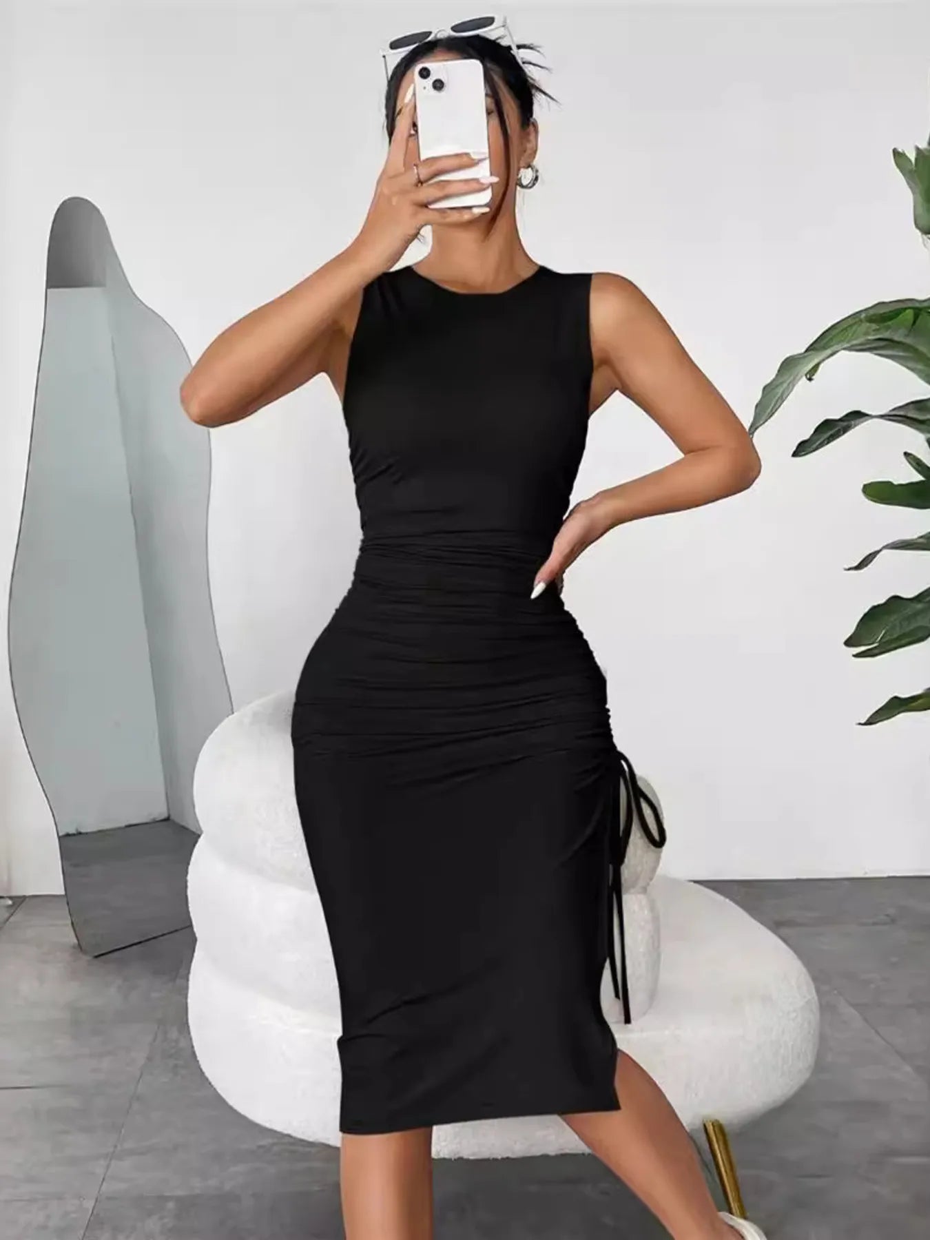 Sleeveless Ruched Bodycon Midi Dress with Side Drawstring