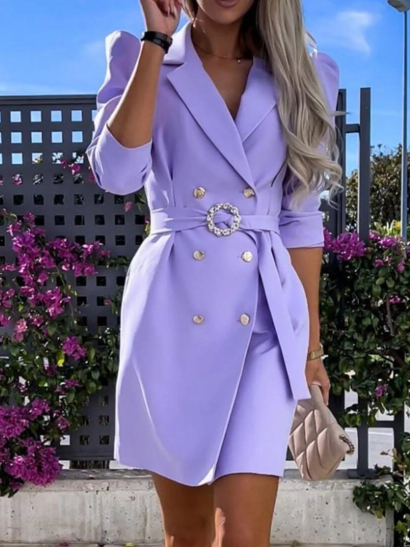 3/4 Sleeve Belted Blazer Dress