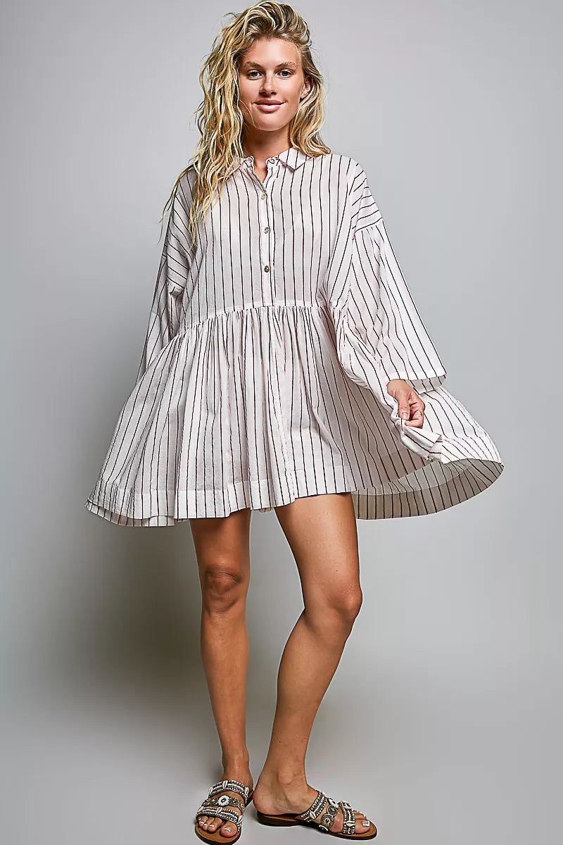 POL Striped Gathered Waist Woven Shirt Dress
