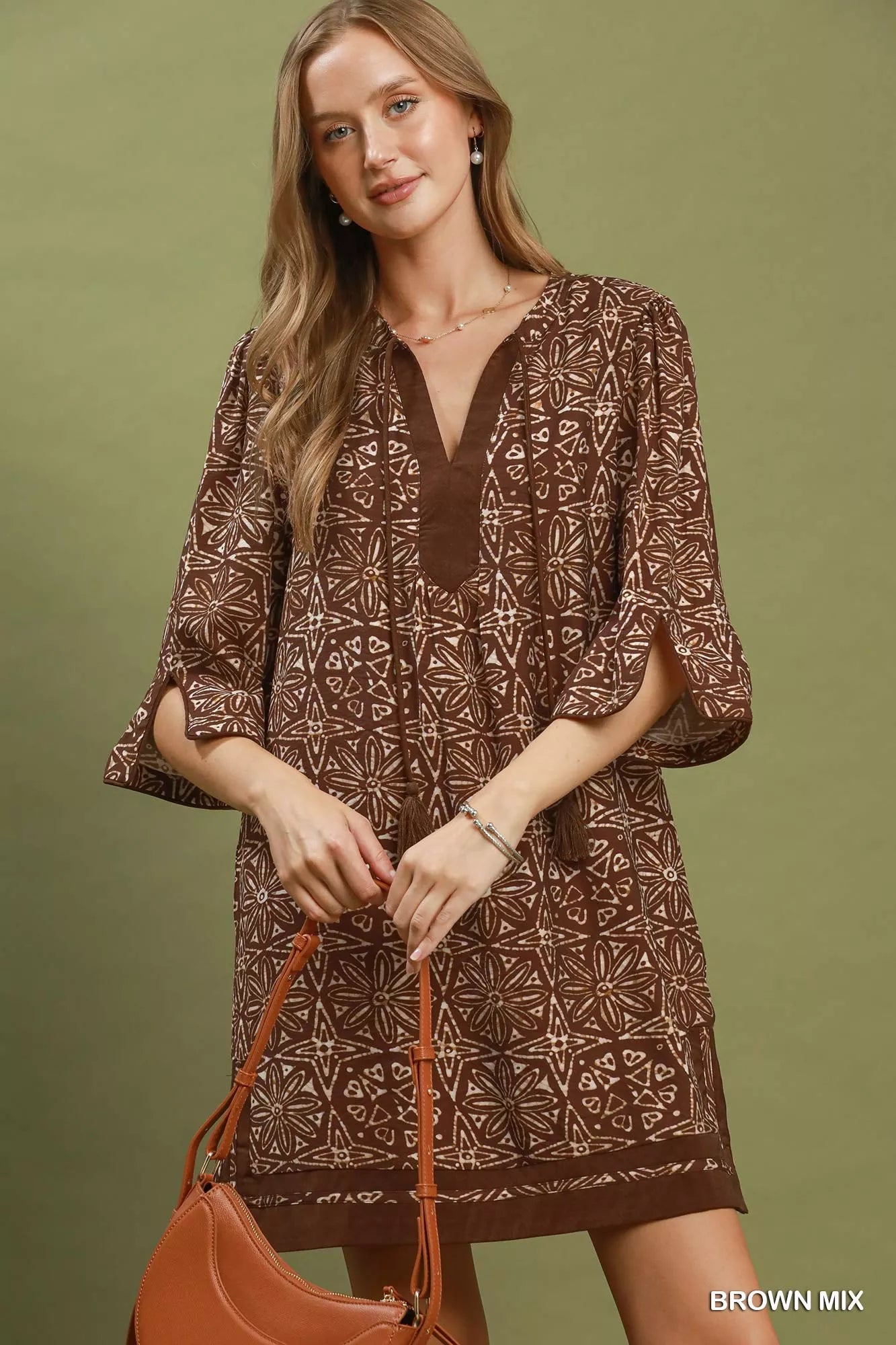 Umgee Mix Geometric Print V-Neck Tassel Detail Tunic Dress
