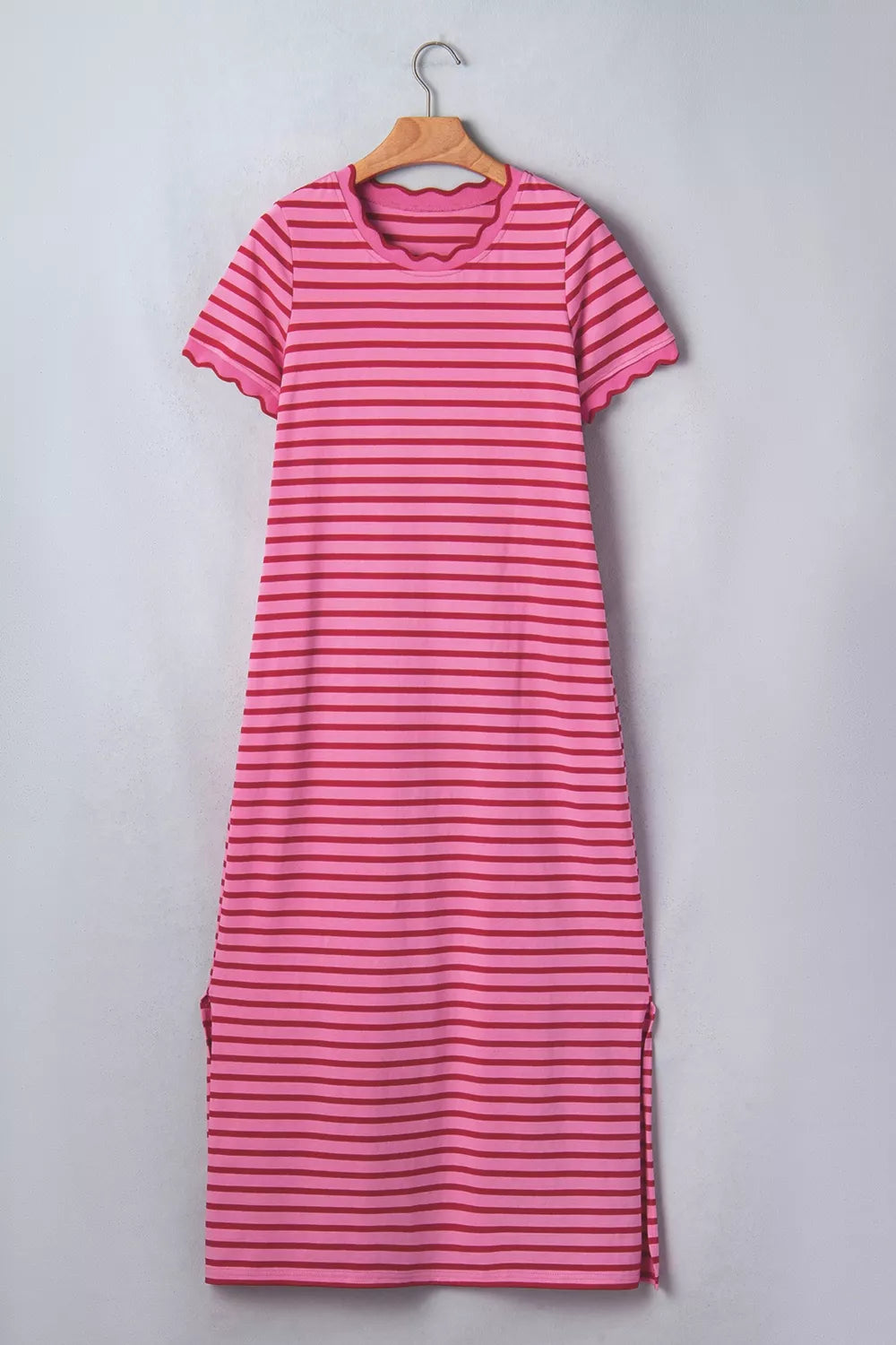 Stripe Striped Short Sleeve Scalloped Trim Side Slit Maxi Tee Dress