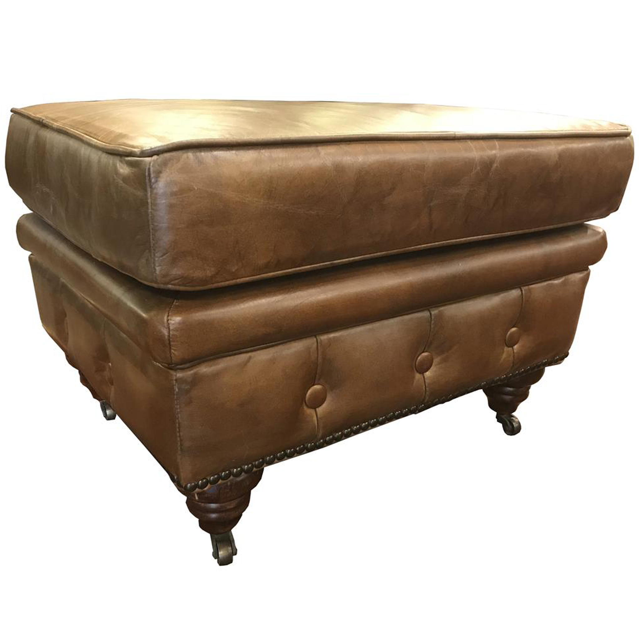 Chesterfield Leather Ottoman - Light Brown