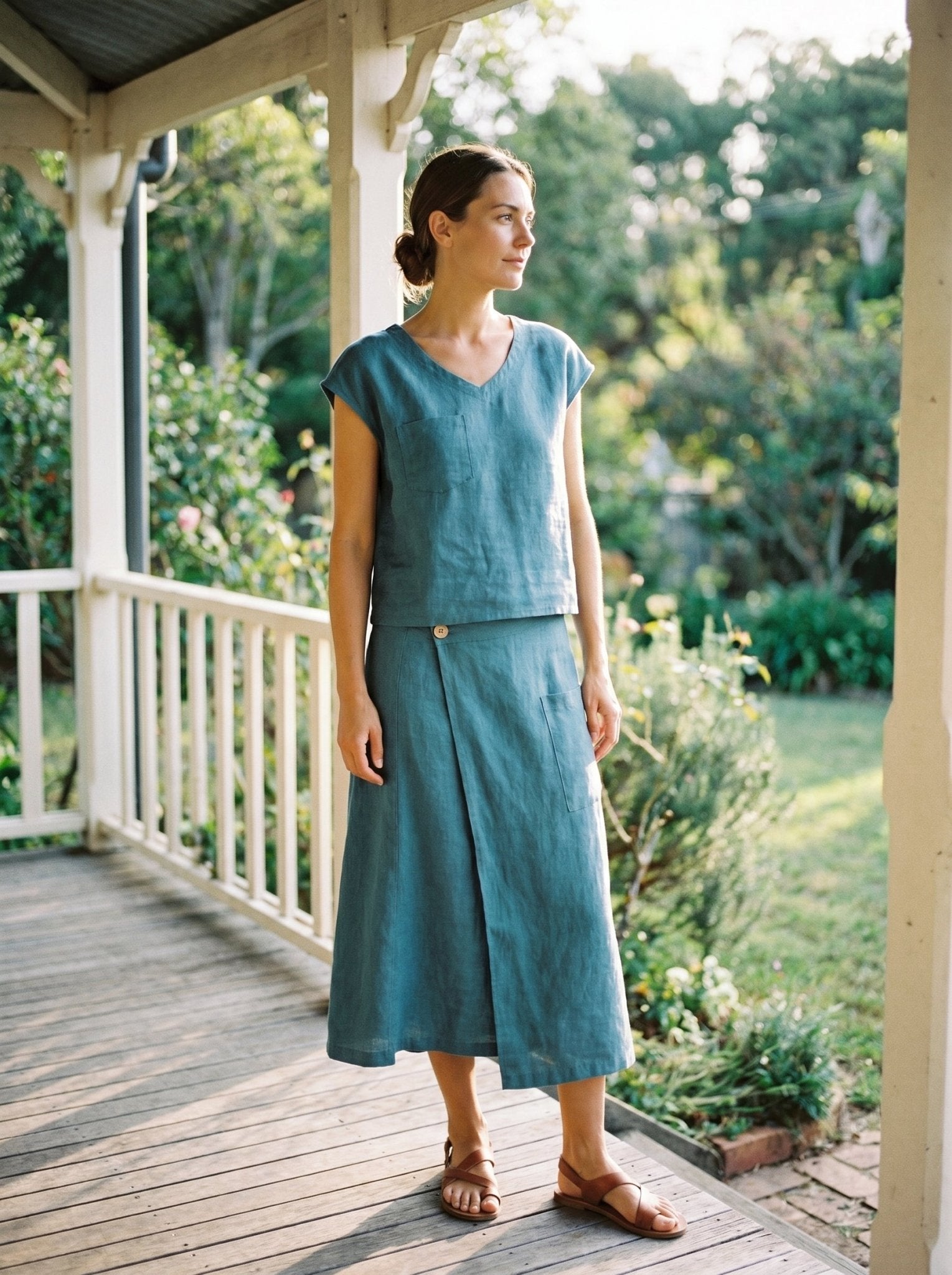 100% Linen V-Neck Cap Sleeve Crop Top FRESSA - Overture Gifts