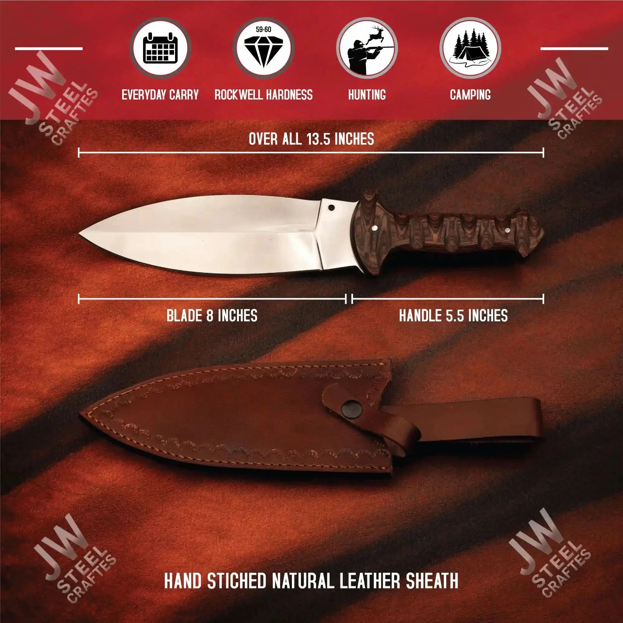 Handcrafted J2 Stainless Steel Boot Knife Pakka Wood Handle Leather Sheath 13.5" Hunting Blade