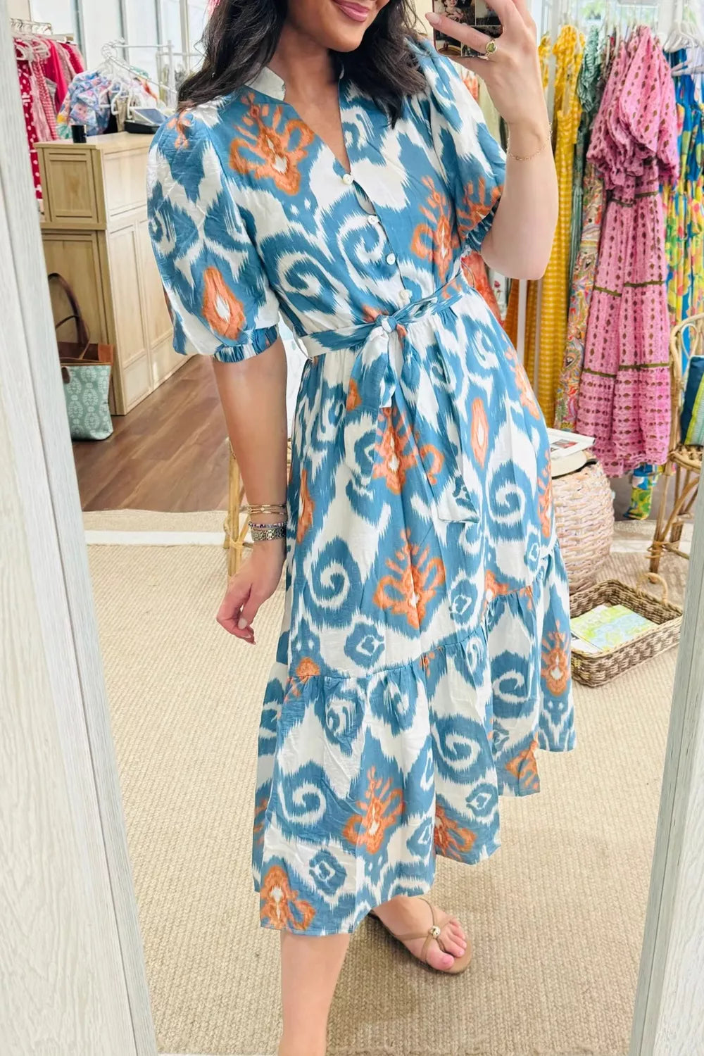 Floral Print Short Puff Sleeve Button Down Ruffle Hem Midi Dress