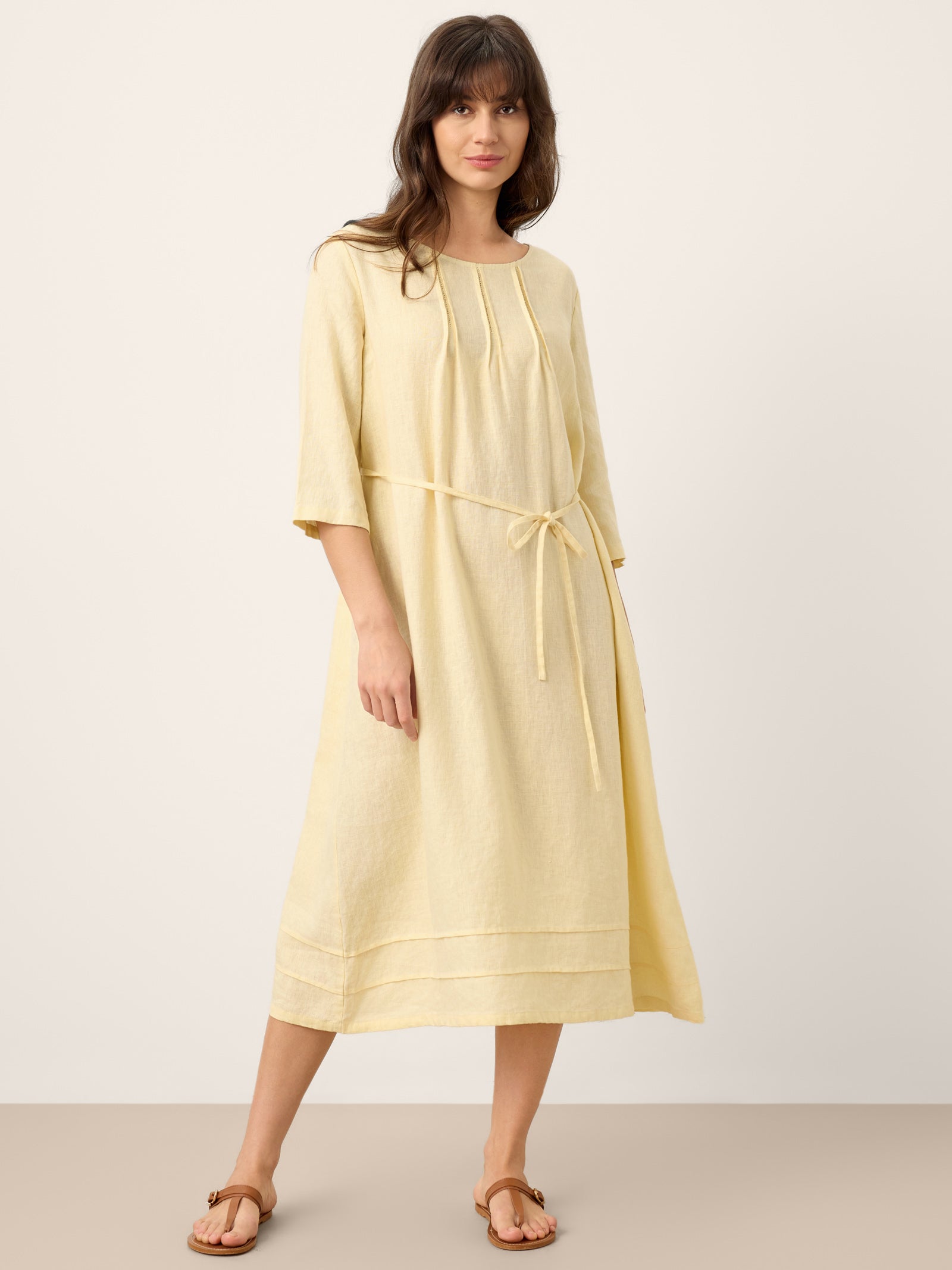 100% Linen Pintucked Embroidered Adjustable Belt Tiered Midi Dress VERENA
