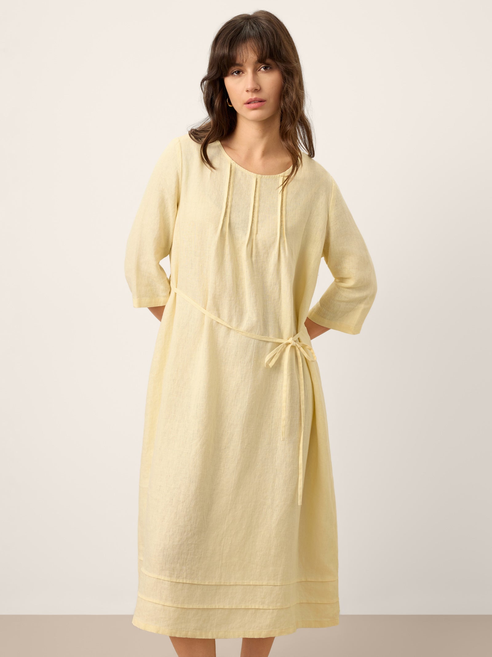 100% Linen Pintucked Embroidered Adjustable Belt Tiered Midi Dress VERENA
