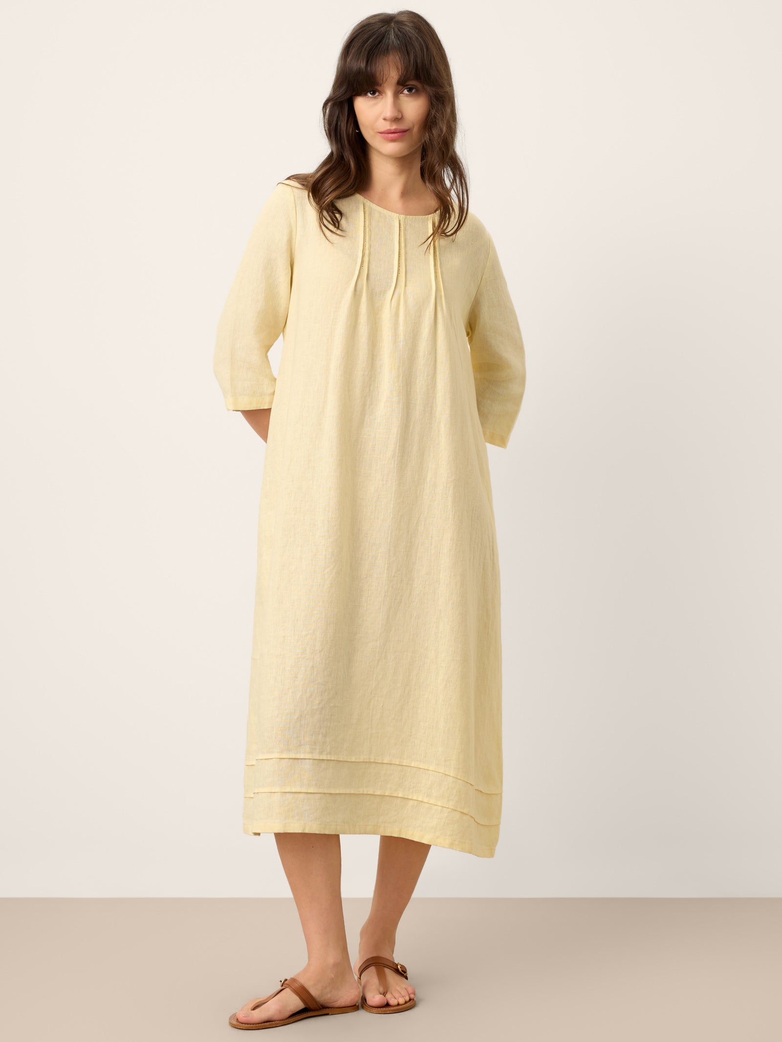 100% Linen Pintucked Embroidered Adjustable Belt Tiered Midi Dress VERENA