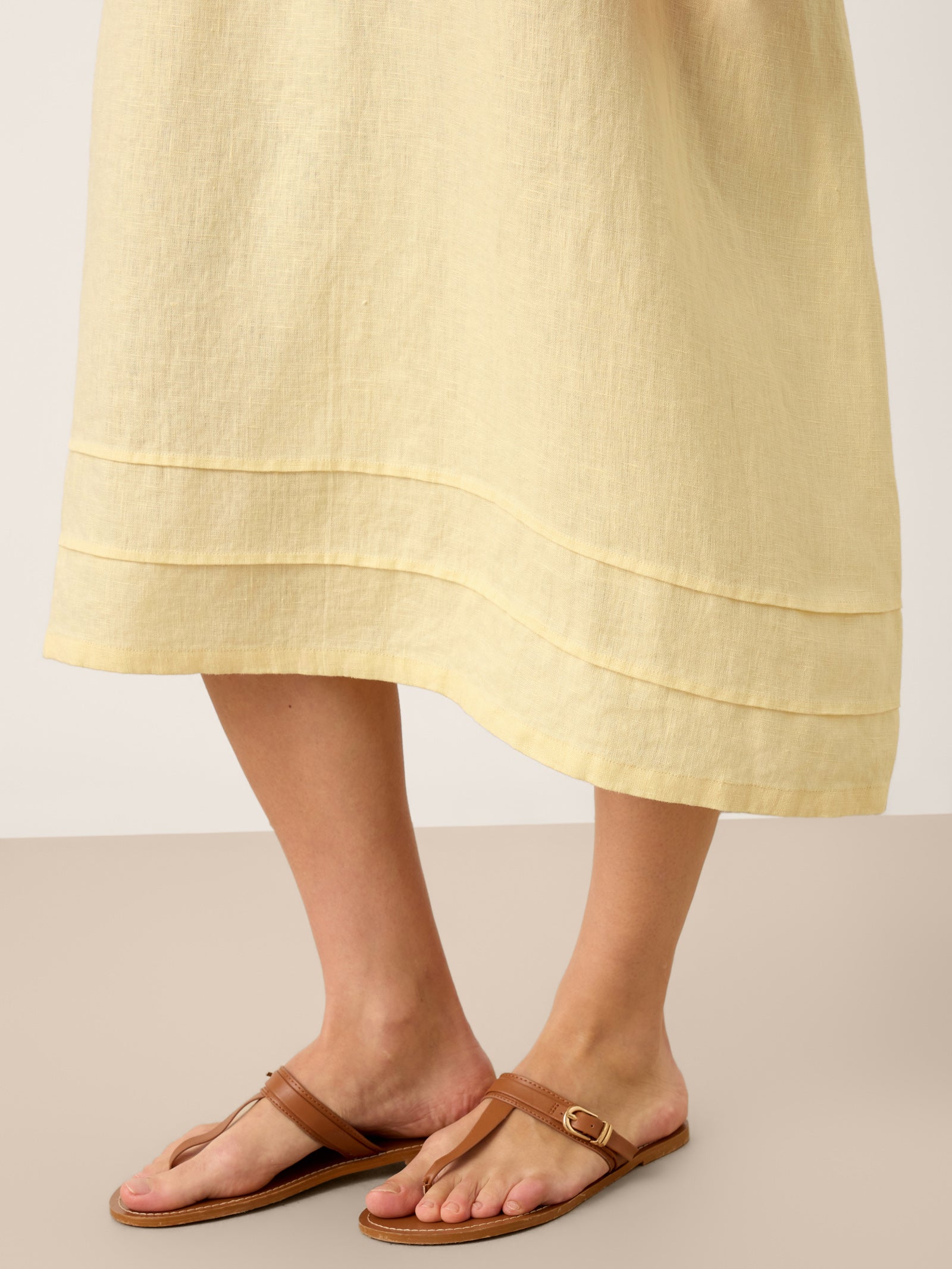 100% Linen Pintucked Embroidered Adjustable Belt Tiered Midi Dress VERENA