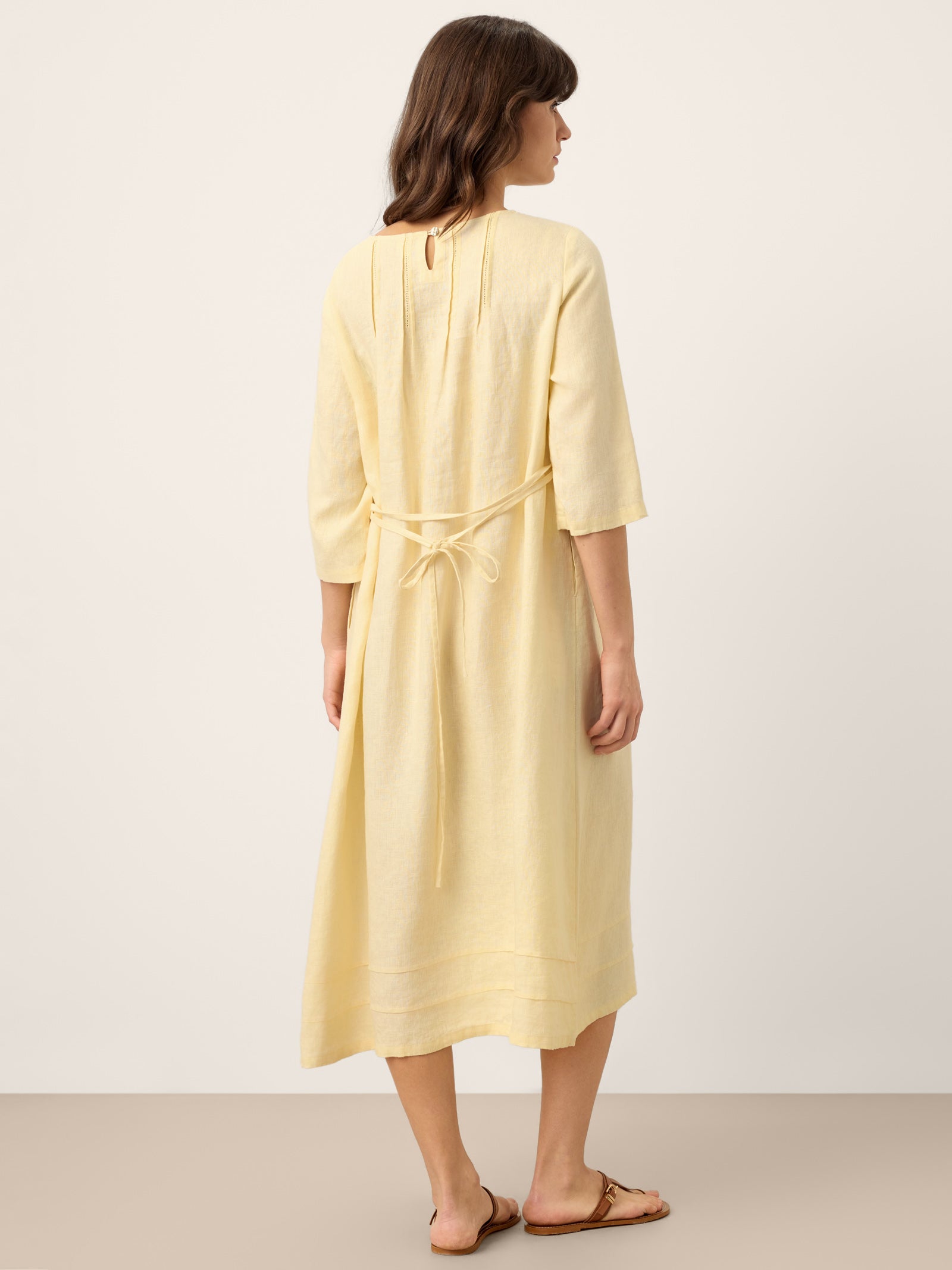 100% Linen Pintucked Embroidered Adjustable Belt Tiered Midi Dress VERENA