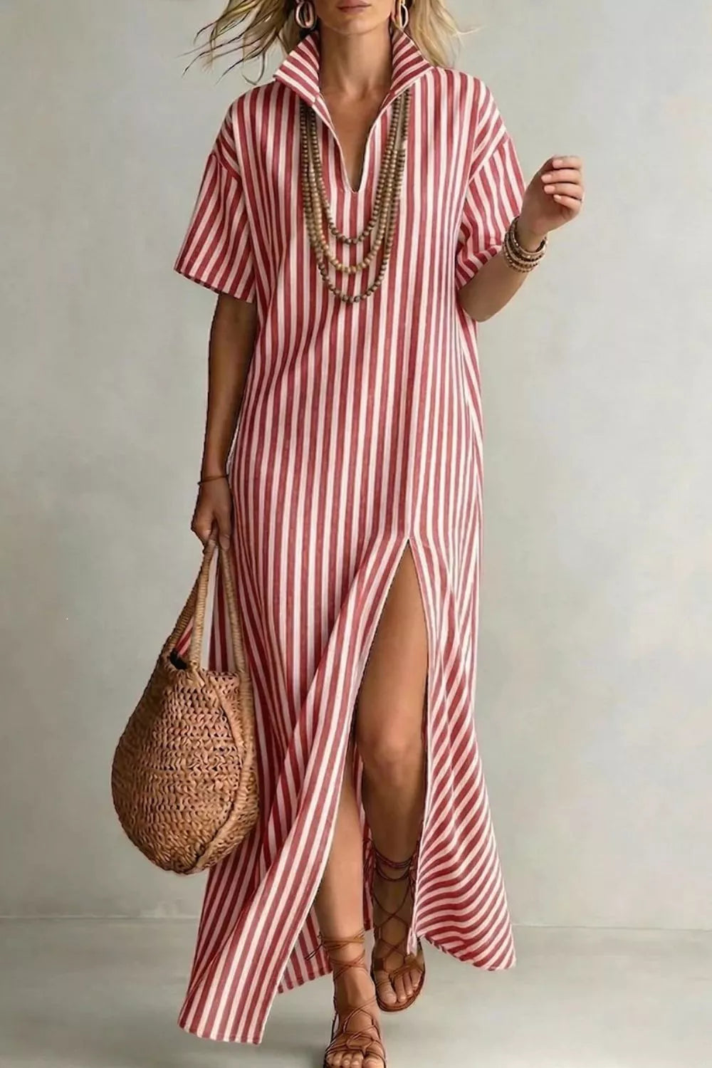 Striped High Slit Maxi Dress