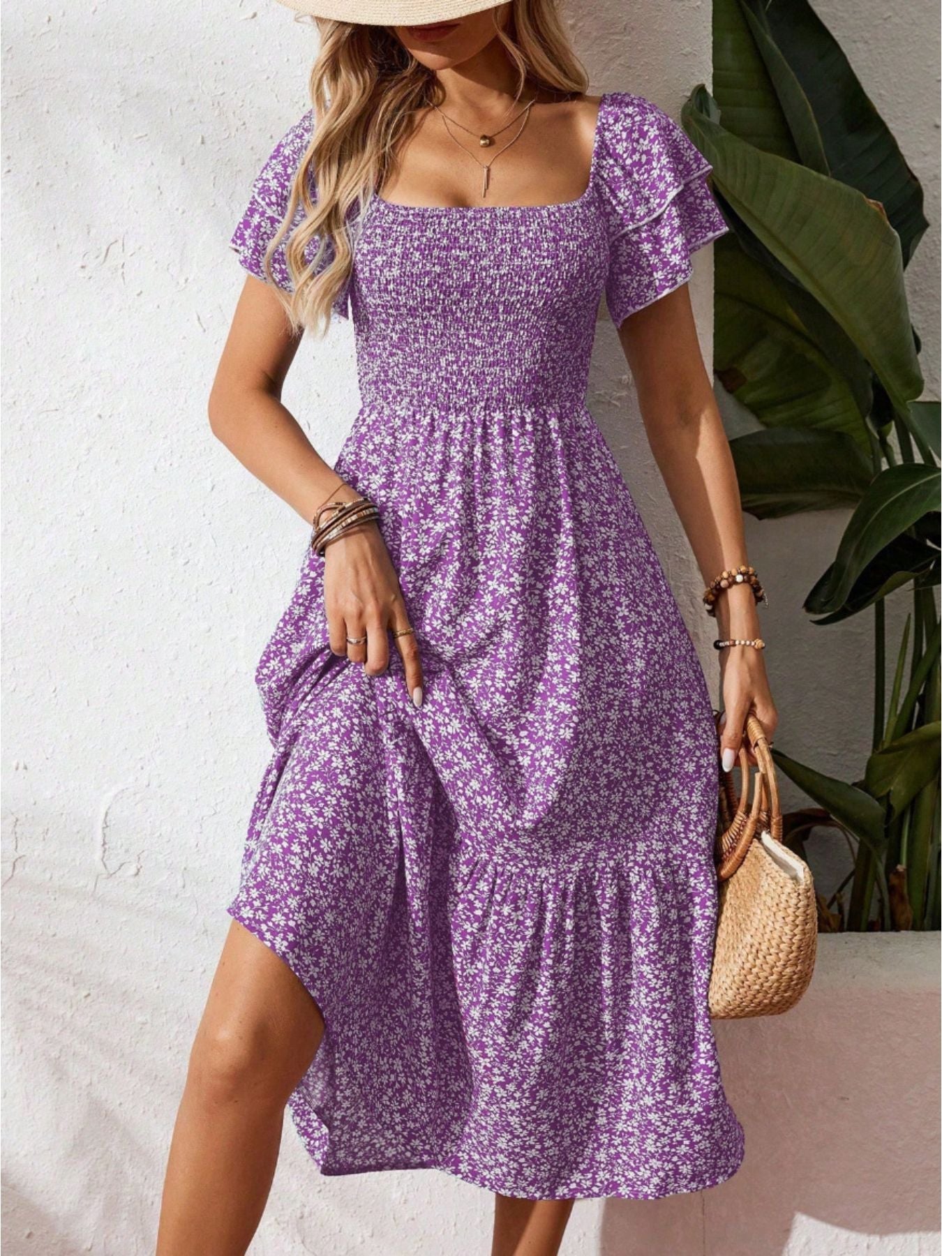 Floral Print Smocked Ruffle Sleeves Dress