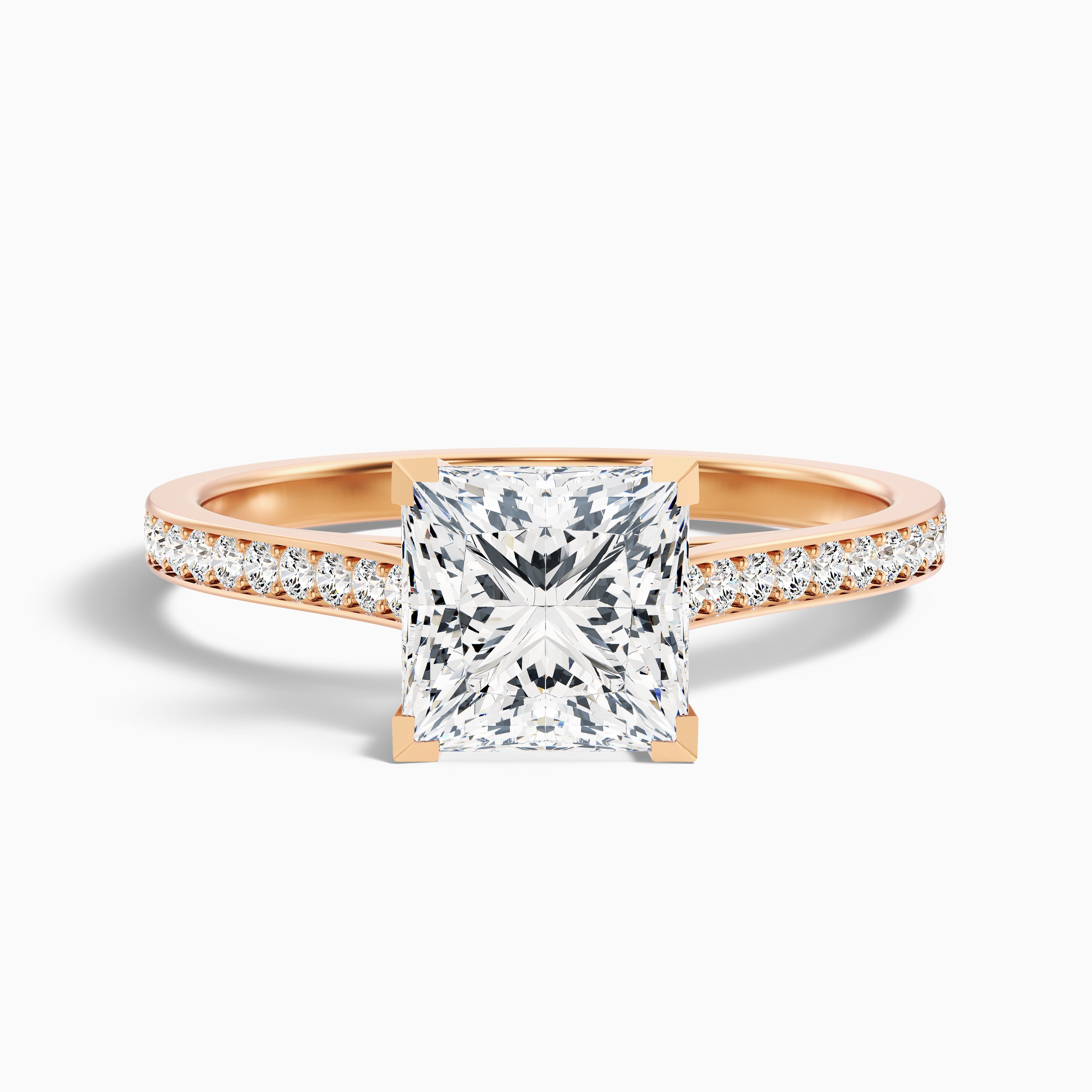 Ava 4 Carat Princess Cut Side Stone Pave Moissanite Engagement Ring in 10k Yellow Gold