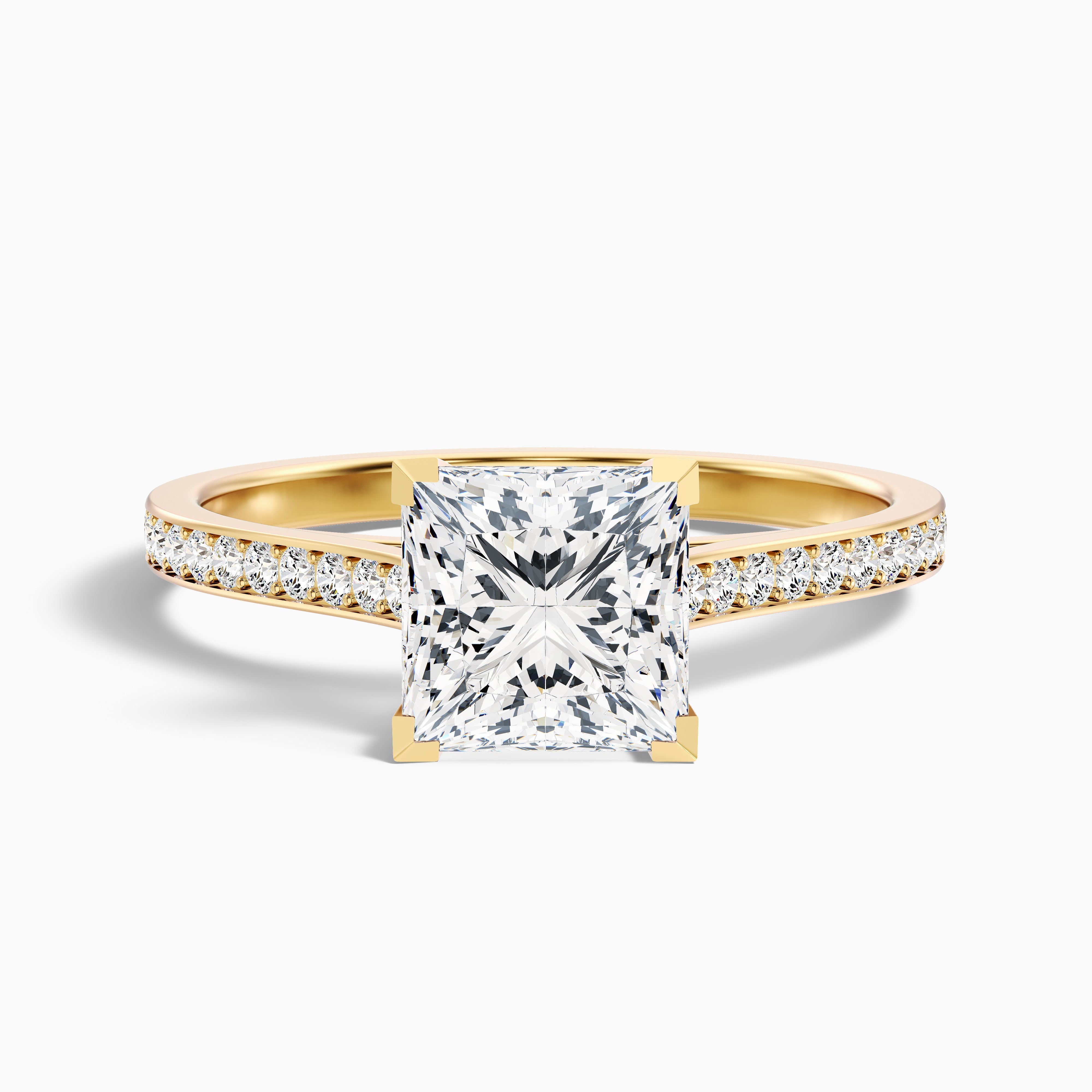 Pearl 2 Carat Princess Cut Side Stone Pave Lab Grown Diamond Ring in 10k Yellow Gold