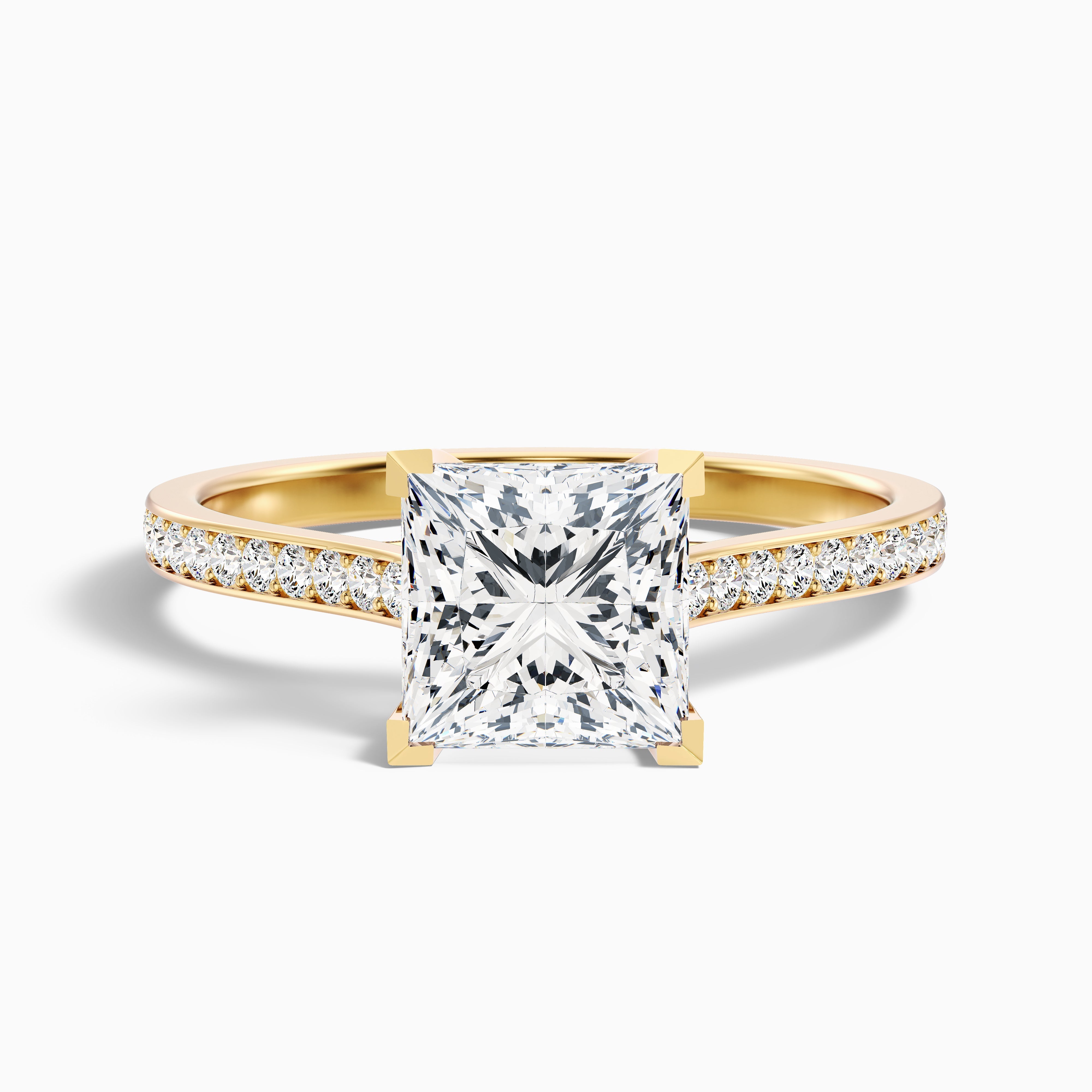 Tia 1.5 Carat Princess Cut Side Stone Pave Moissanite Engagement Ring in 14k Yellow Gold