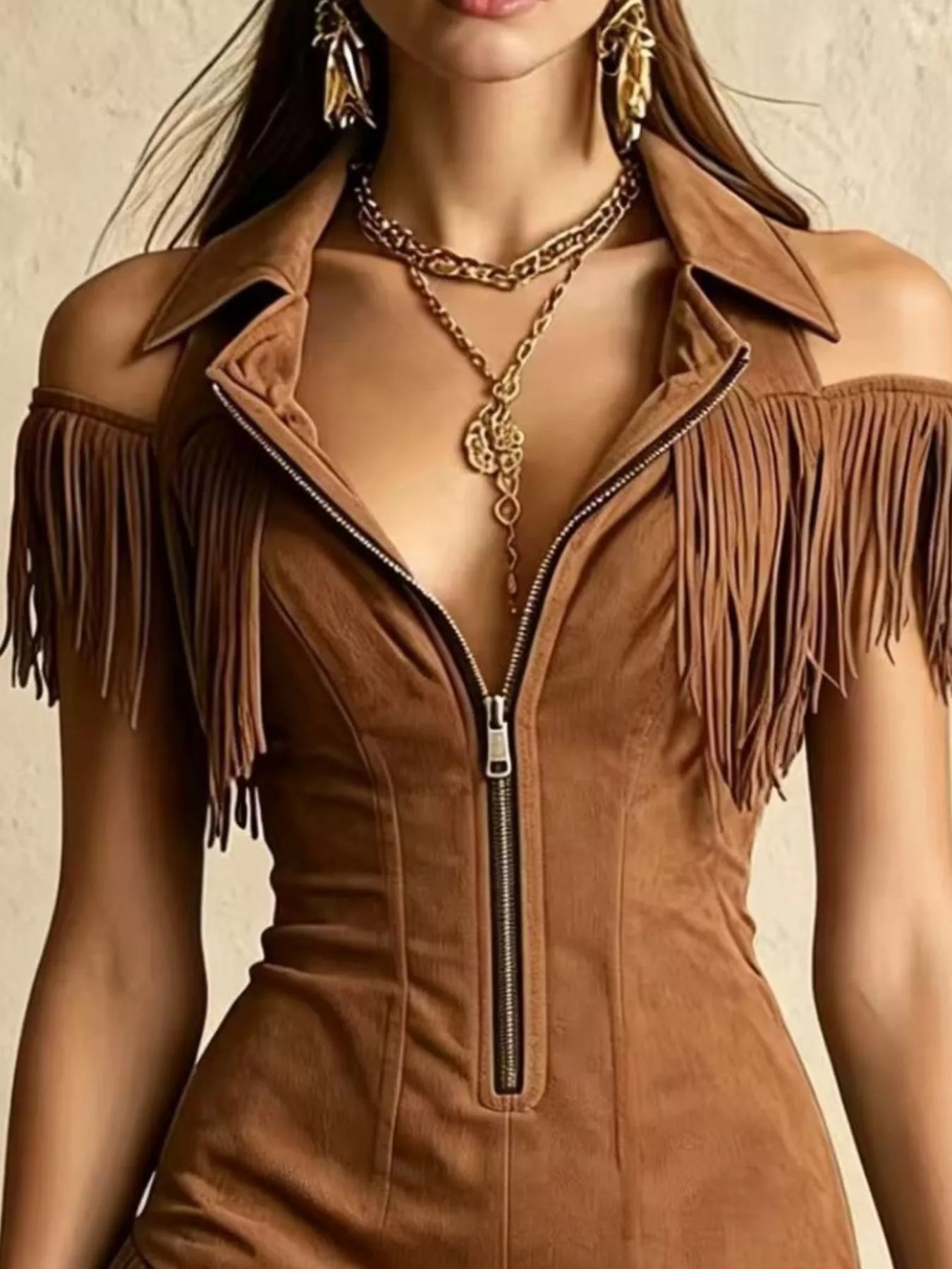 Fringed Cold Shoulder Mini Dress