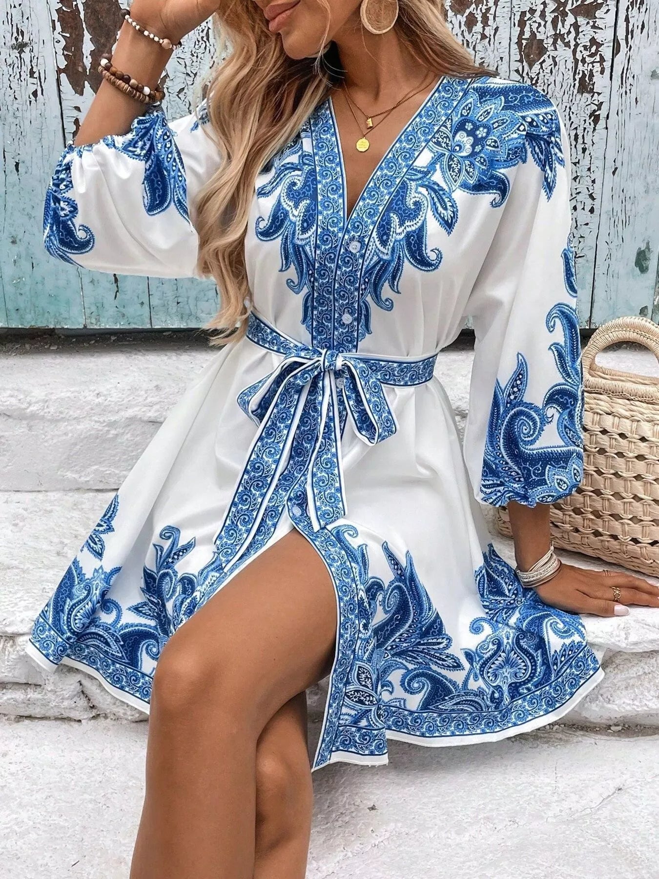 Paisley Print V-Neck Belted Mini Dress