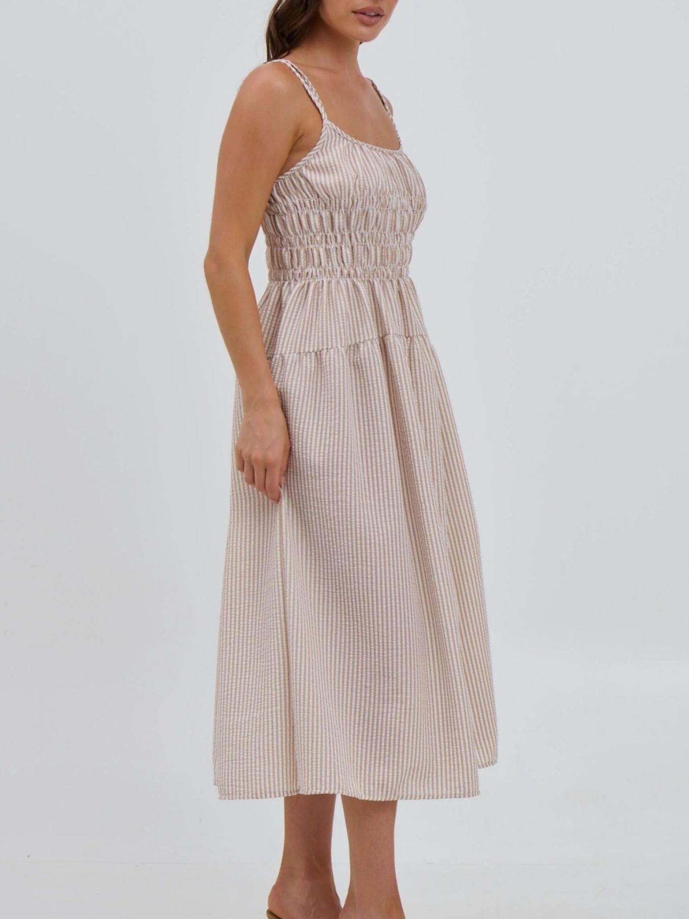 Striped Smocked Bodice Midi Dress
