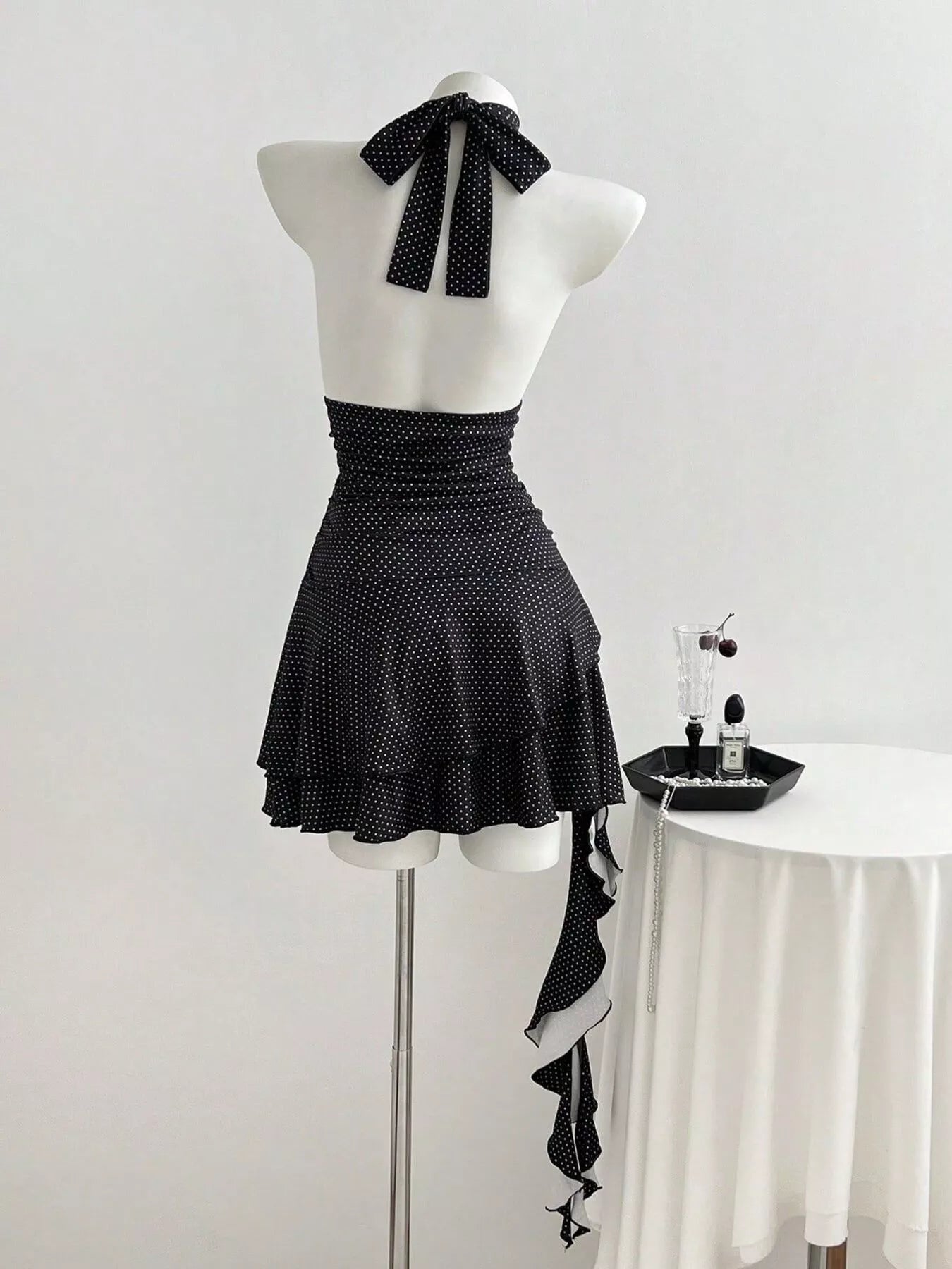 Polka Dot Cutout Front Halter Neck Dress