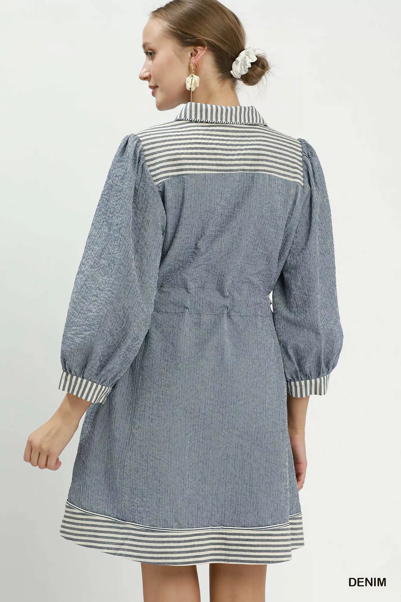 Umgee Striped Contrast Belted Puff Sleeve Mini Dress