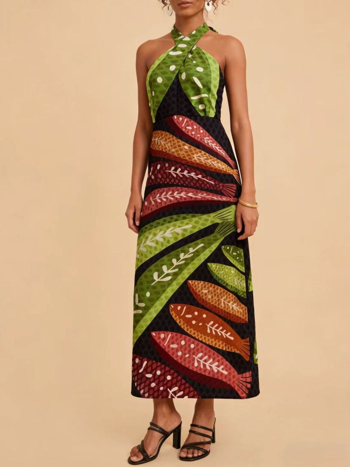 Tropical Print Halter Neck Midi Dress
